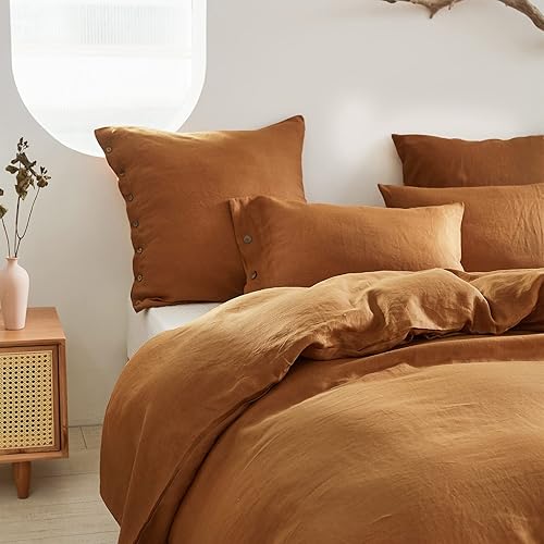 Miniatura 7 de Simple&Opulence - Juego de funda de edredón 100 % lino, 2 piezas con cierre de botón de coco, de lino francés lavado, color liso, suave,