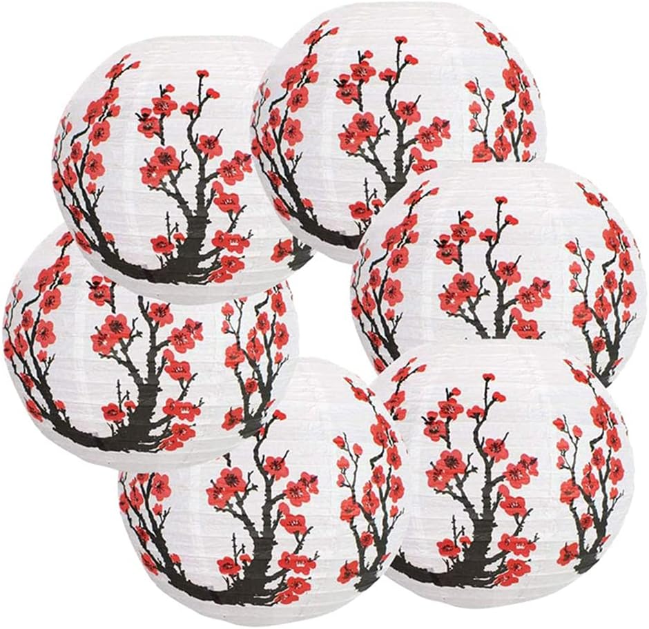 MEETOZ 6 Pack Chinese Japanese Red Cherry Flowers Paper Lantern,12 Inch White Round Chinese Japanese Paper Lamp for Home Wedding Party Decoration