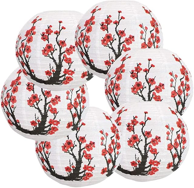 MEETOZ 6 Pack Chinese Japanese Red Cherry Flowers Paper Lantern,12 Inch White Round Chinese Japanese Paper Lamp for Home Wedding Party Decoration