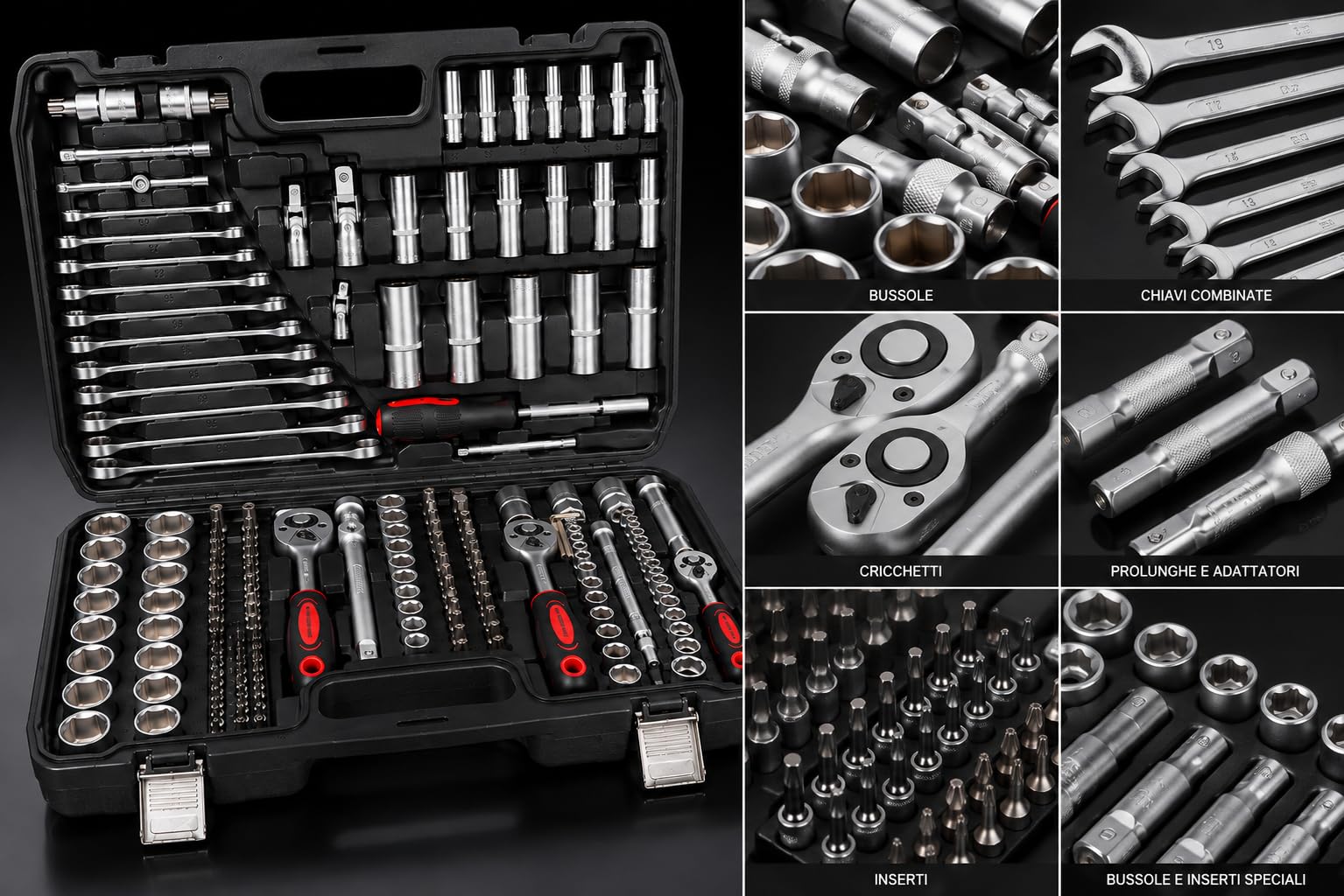 A.M.C. Coffret à outils 216 pièces – Kit de clés à douille, cliquet, douilles, embouts et clés mixtes – Mallette professionnelle complète pour voiture, moto, vélo et bricolage