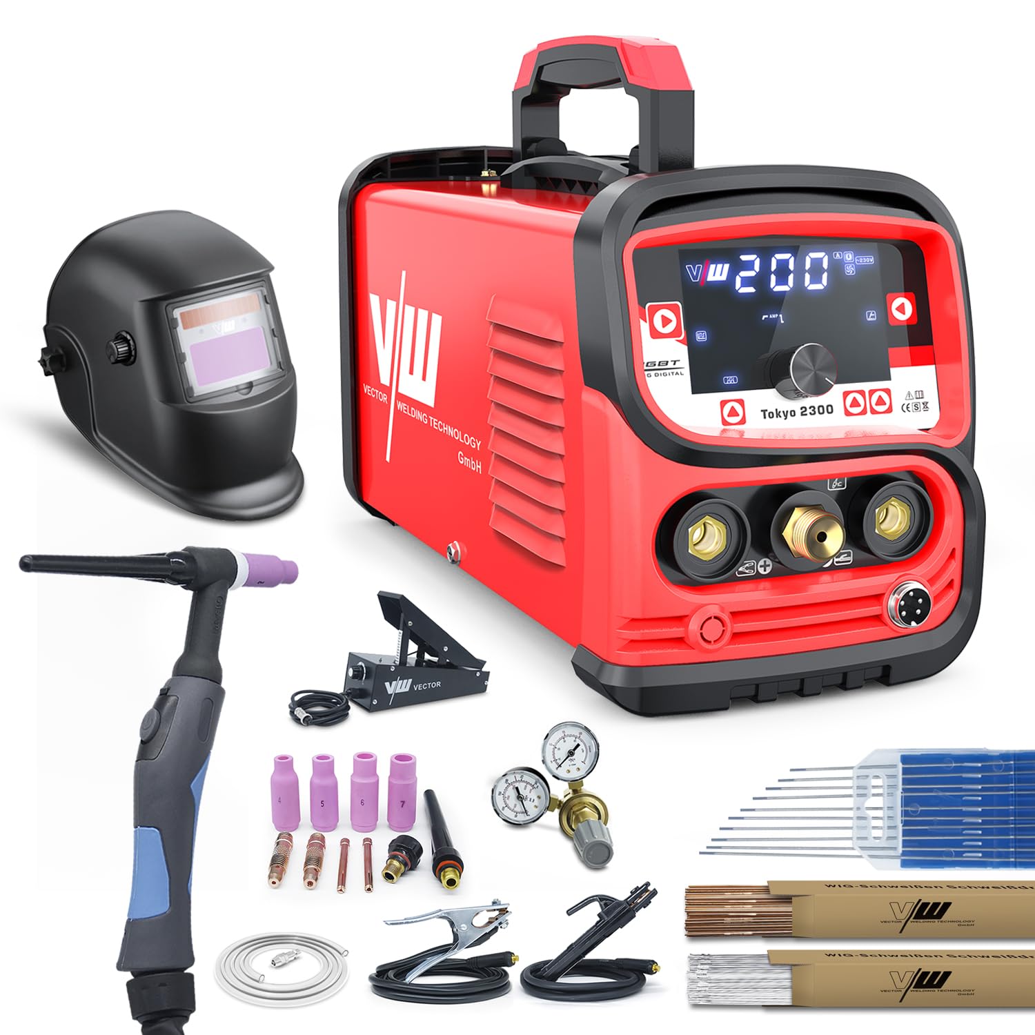 Saldatrice Tig con 200 ampere e funzione di saldatura ad elettrodo 170 ampere | Funzione impulso - pre e post flusso gas - corrente su e giù - memoria lavoro - inverter - IGBT - set Tokyo 2300