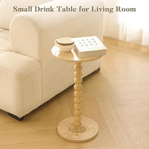 Miniatura 7 de Mesa auxiliar redonda, mesa pequeña para bebidas para espacios pequeños, mesa auxiliar moderna con patas de madera maciza para sala de estar,