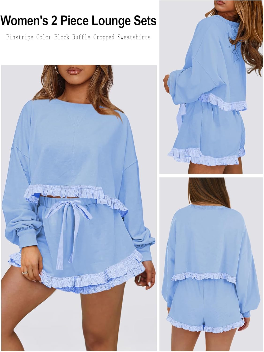 Womens 2 Piece Set Crewneck Sweatshirt Ruffle short Sets Fall Fashion cute tennis Matching Lounge Outfits - Image 2