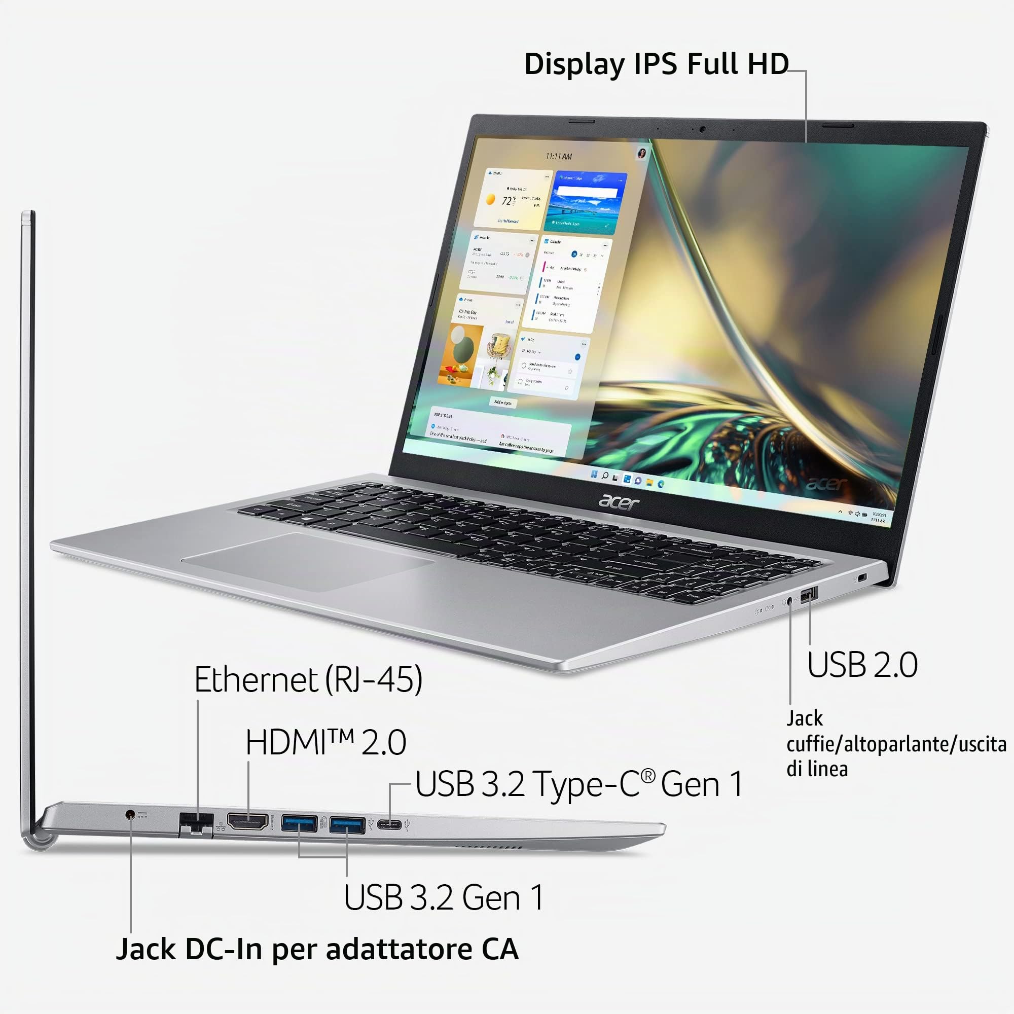 acer Aspire 5 A515-56-347N Slim Laptop - 15.6" Full HD IPS Display - 11th Gen Intel i3-1115G4 Dual Core Processor - 8GB DDR4-128GB NVMe SSD - WiFi 6 - Amazon Alexa - Windows 11 Home in S Mode