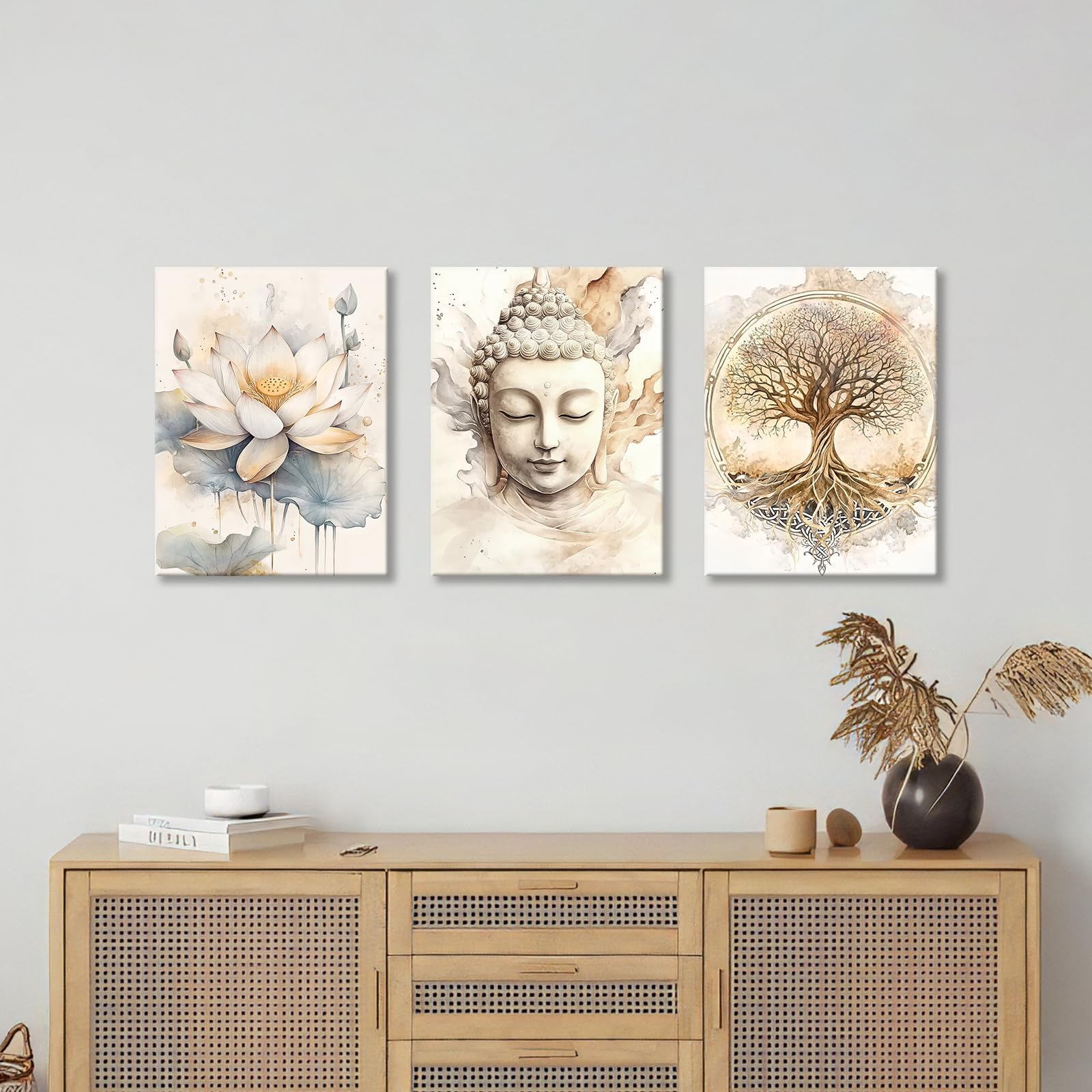 Cuadros de pared en lienzo zen de Buda y loto beige para crear un salón relajante