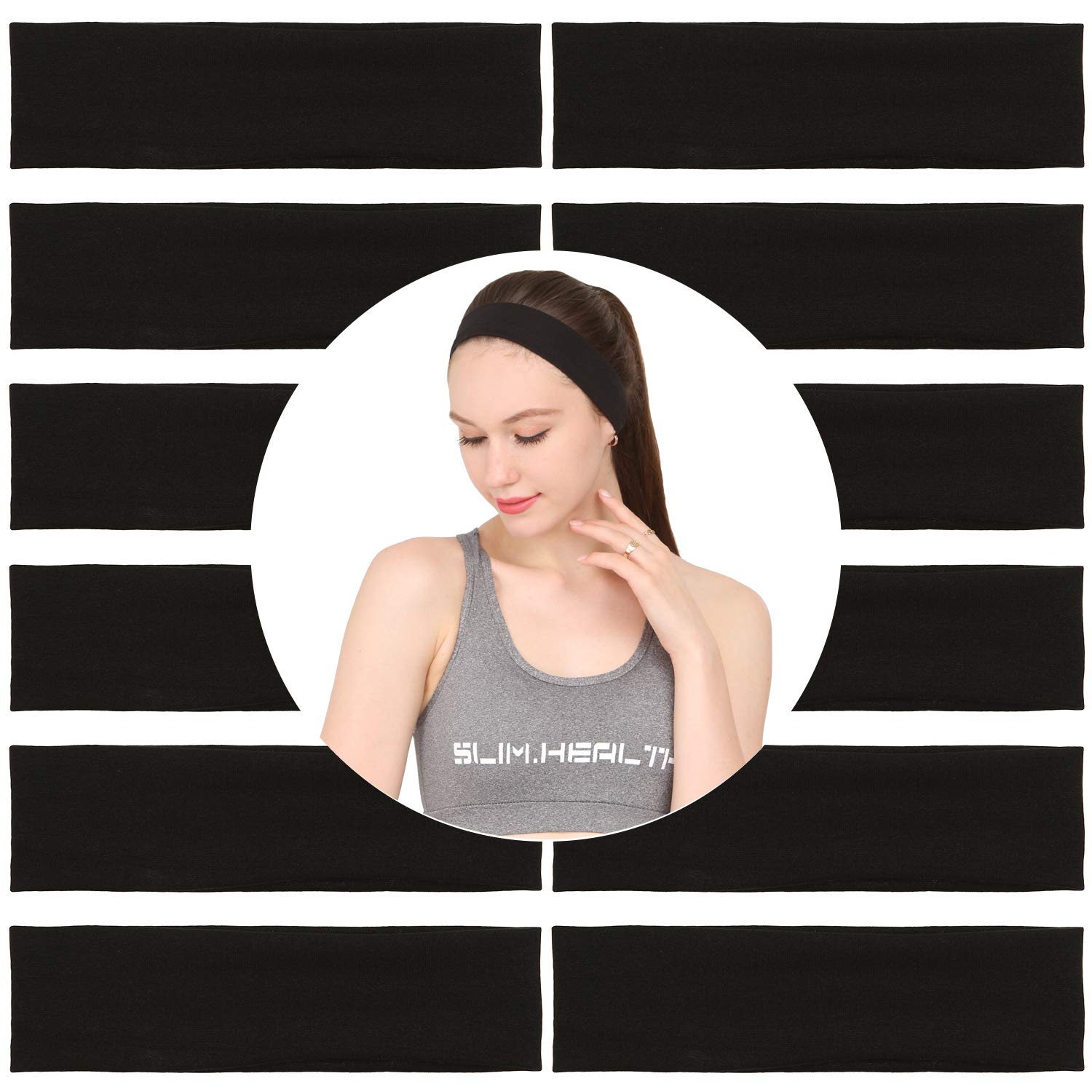 Folora 12Pcs Stretchy Elastic Headbands, Cotton Sports Hairband for Women Girls, Suitable for Yoga, Pilates, Running, Cycling,Black