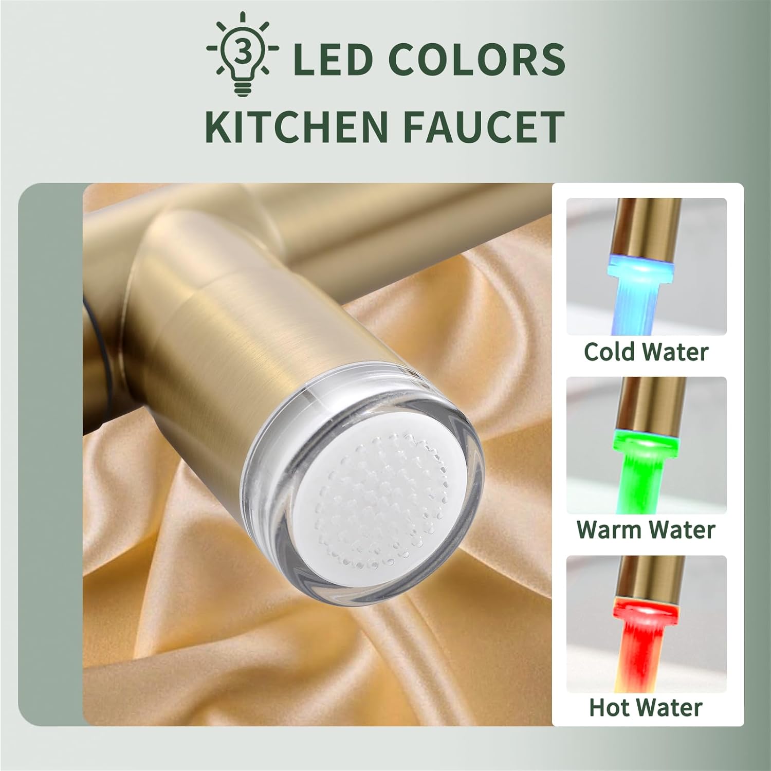 Fapully LED Kitchen Sink Faucet with Pull Down Sprayer Brushed Gold - Image 3