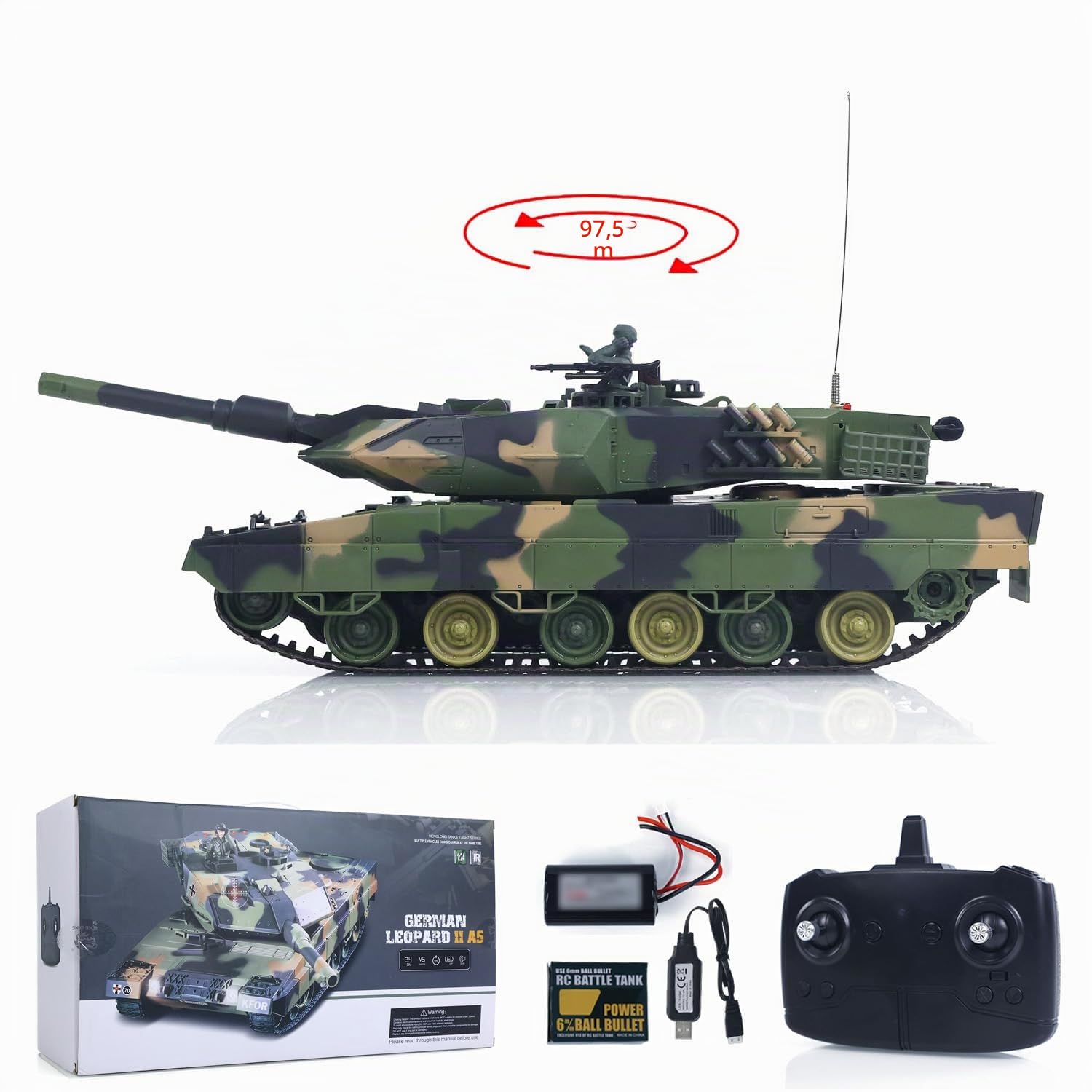 Henglong 3809 2.4GHz 1/24 RC Panzer Leopard 2 A5 Fernbedienung Schießen Schießeffekte Infrarot Kampfspray Wasser simuliert Licht Sound Hobby Grade Modell