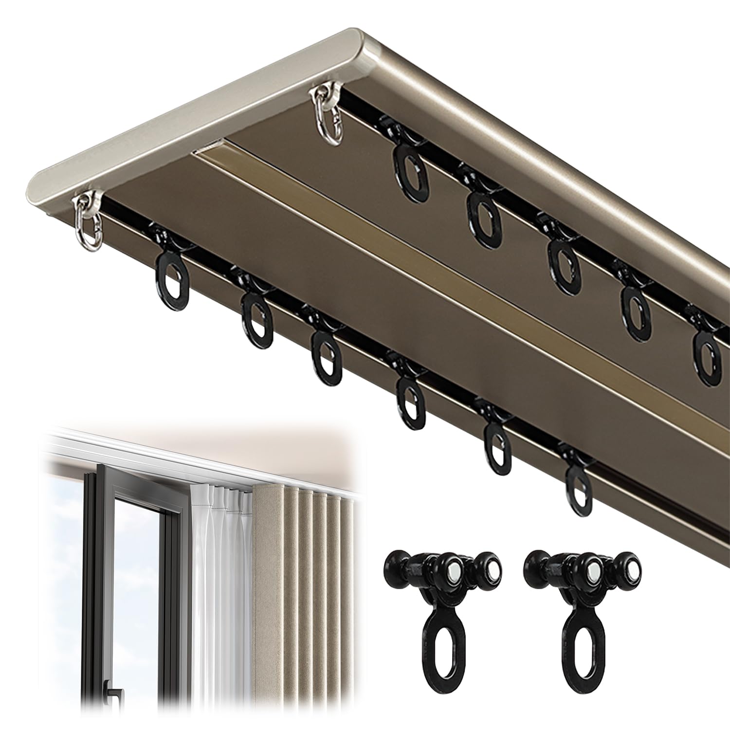 100 Stück Gardinenschiene Rollen, Silent Slide Rail, Lagerrad mit Vier Rädern, Gardinengleiter Wheel Vorhangschiene, Richtungsrolle, für Vorhangschienen, Schwarz