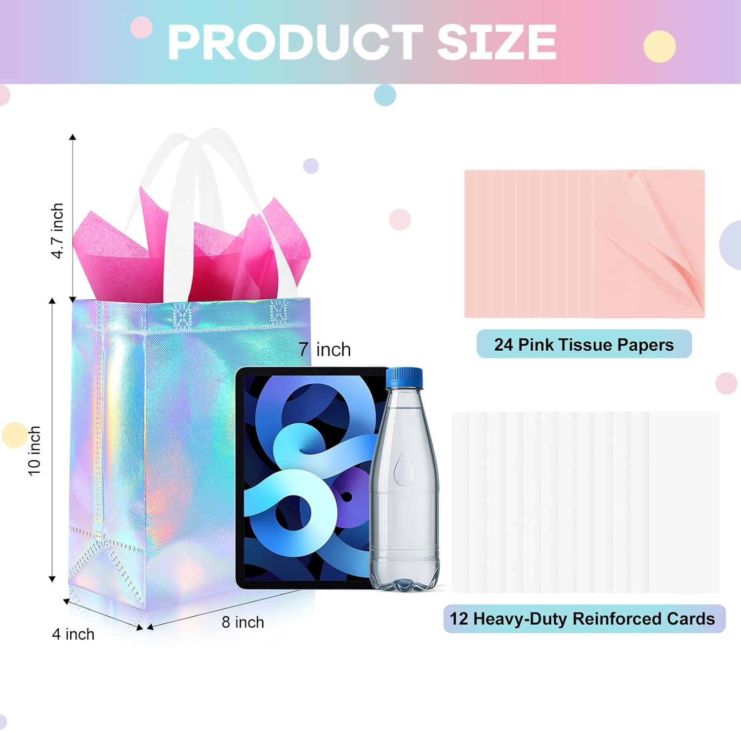 Addblu 12 Pack Reusable Gift Bags with Handles & 24 Tissue Papers, 10x4x8 Inch Iridescent Gift Bags with Cardboard Bases for Shopping, Parties, Birthdays, Weddings, Holiday (Rose Gold Gift Bag) - Image 2