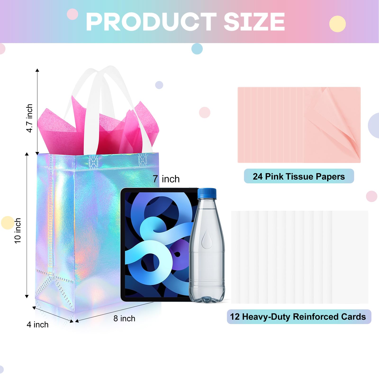 Addblu 12 Pack Reusable Gift Bags with Handles & 24 Tissue Papers, 10x4x8 Inch Iridescent Gift Bags with Cardboard Bases for Shopping, Parties, Birthdays, Weddings, Holiday (Rose Gold Gift Bag)