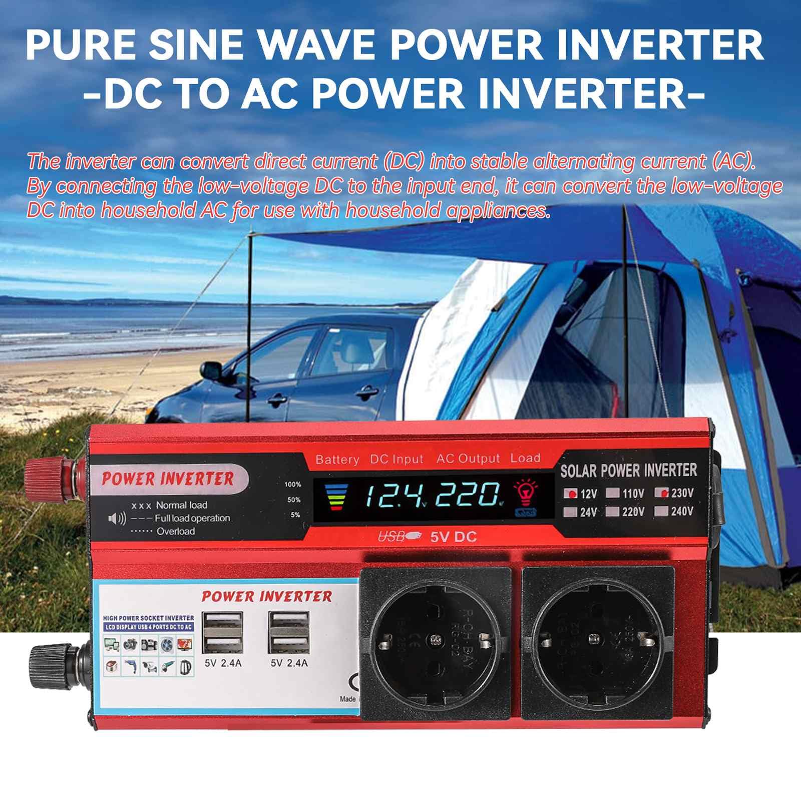 Convertisseur Onduleur 800W,Transformateur DC 12V vers AC 220V 230V,avec 4 USB Prise UE Charge,avec Affichage LED,pour Téléphone RV Voiture,Onduleur Convertisseur (12V 800W)