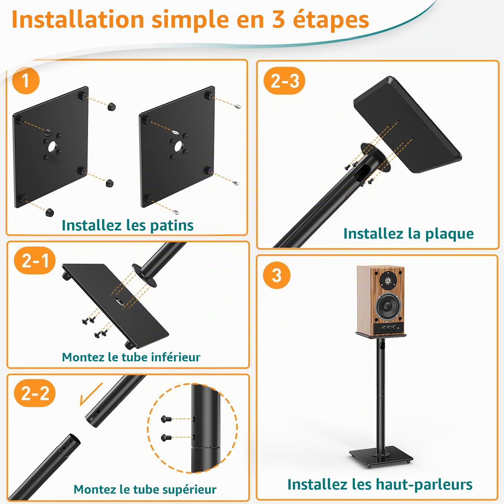 ELIVED 1 paire de supports universels de 808 mm de hauteur avec base en verre pour haut-parleurs satellite, étagères, gestion des câbles intégrée pour Teufel JBL Sony, etc. Capacité de charge de 10 kg