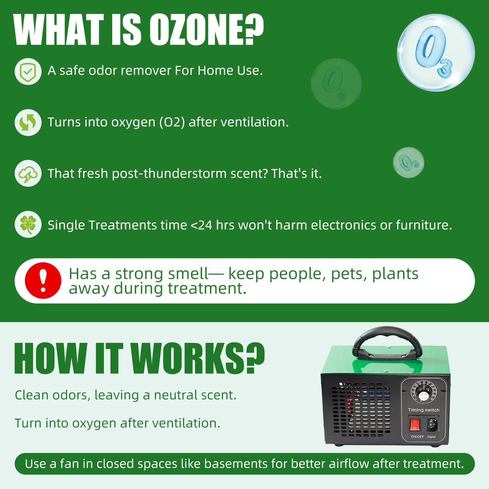 Generatore di ozono, purificatori d'aria O3, eliminatore di odori, macchina per ozono ad alta capacità, purificatore d'aria ionizzatore ozono per casa, commerciale, industriale (verde, 60000 mg/h)