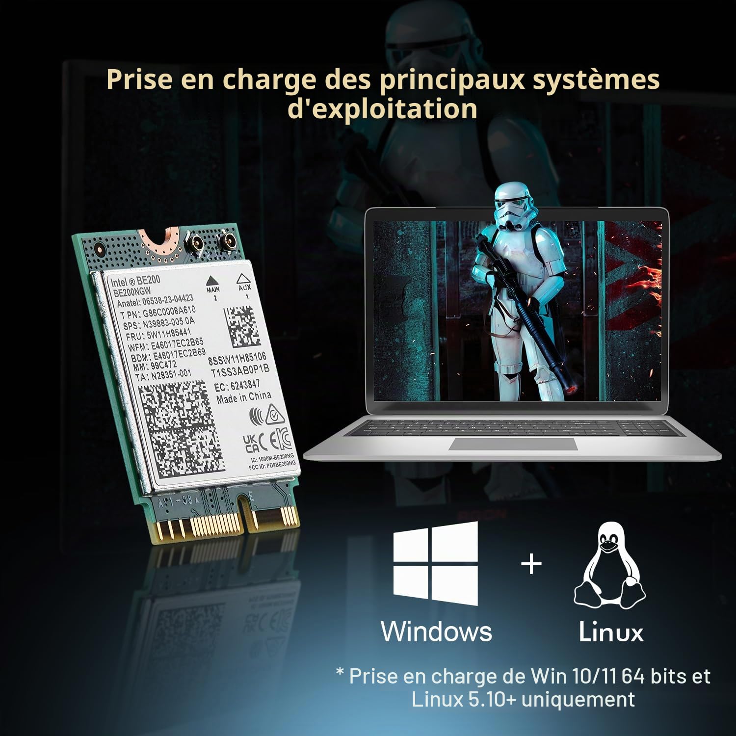 Binardat WiFi7 M.2 BE200 Adaptateur réseau WiFi, Intel BE200NGW Bluetooth 5.4 Chip, 8774Mbps Tri-Bande 2.4GHz/5GHz/6GHz OFDMA & MU-MIMO, pour Ordinateurs Portables Windows 10/11