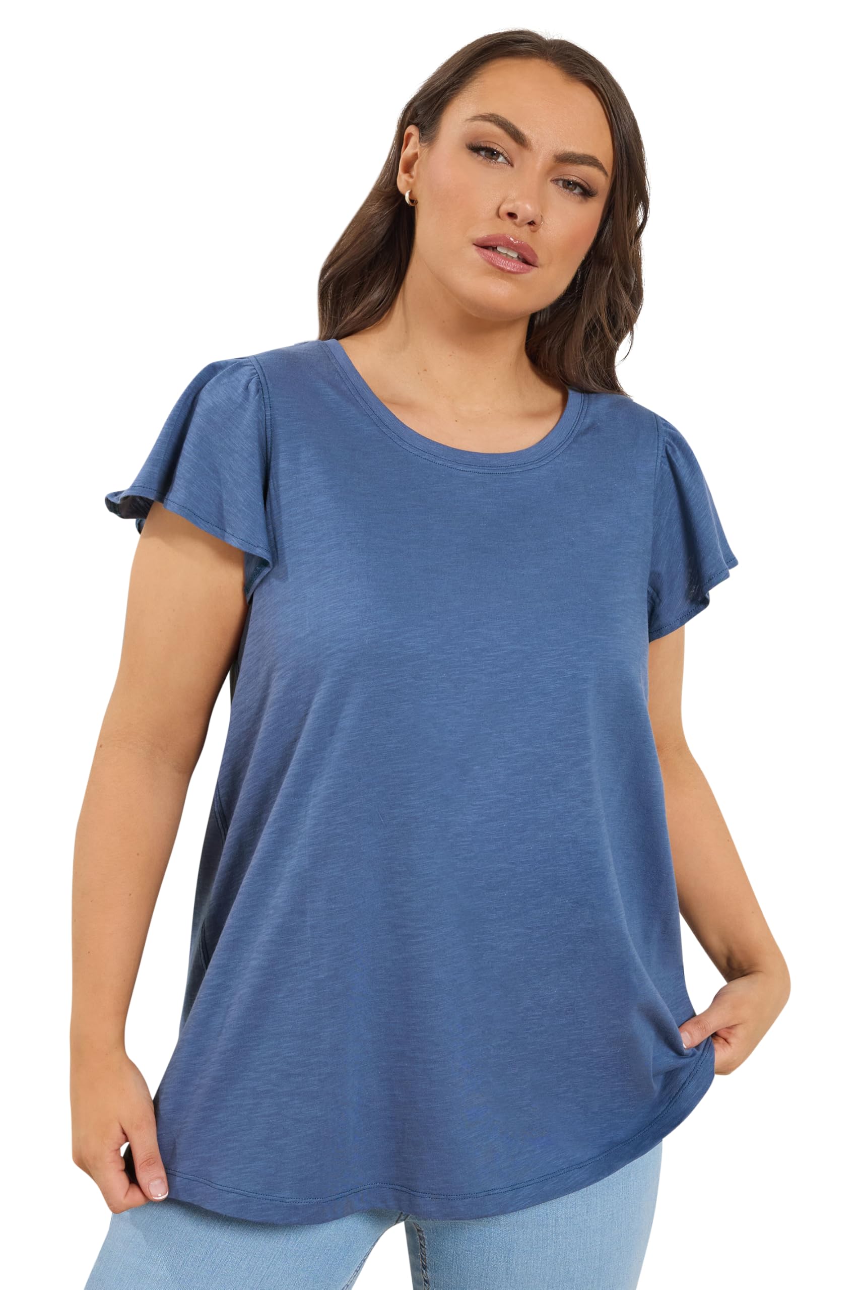 Yours Women's Mid Blue Frill Sleeve T-Shirt In | Size: 18
