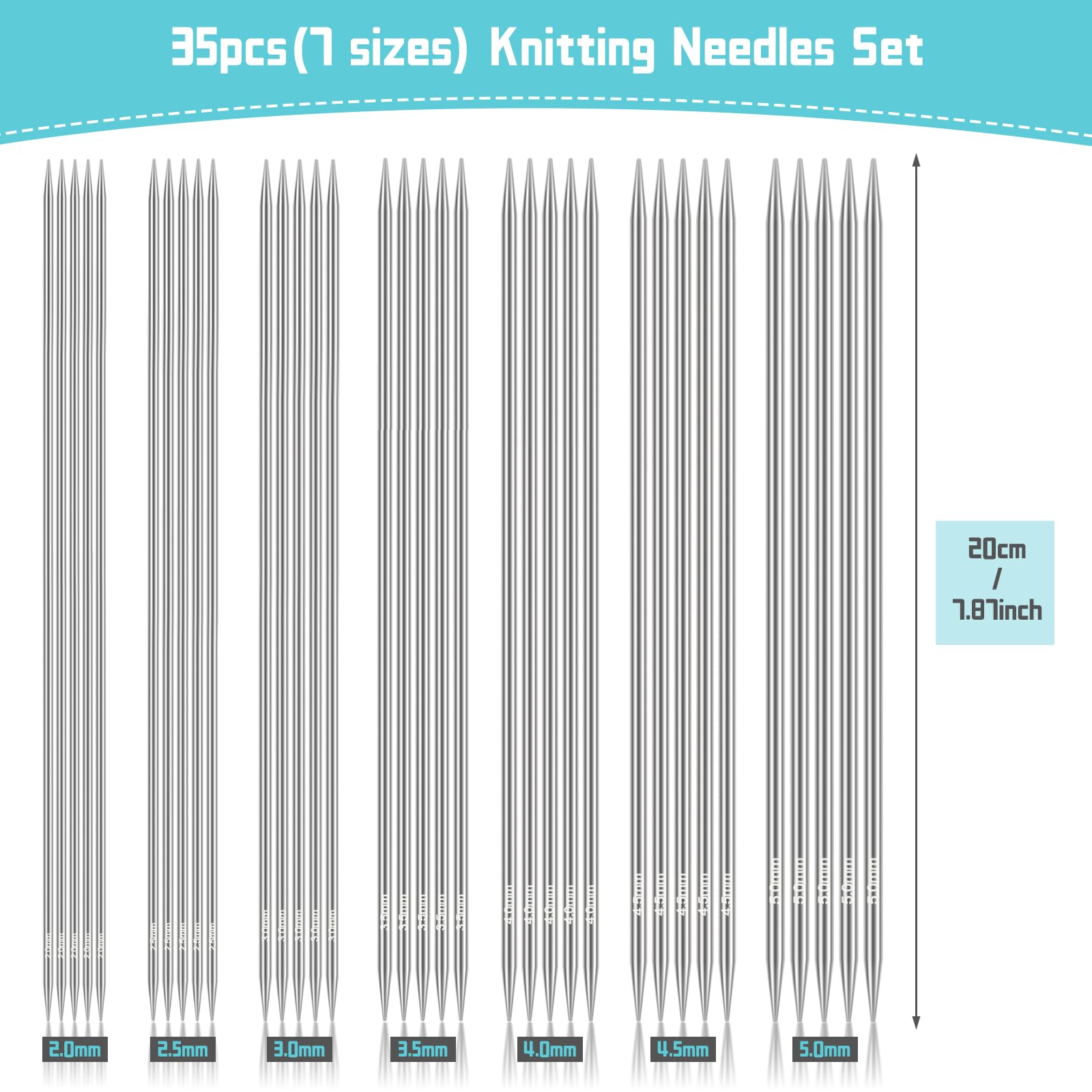 Aeelike Double Pointed Knitting Needles Set, 20cm Stainless Steel Short Double Ended Knitting Needles Set including Case - Image 2