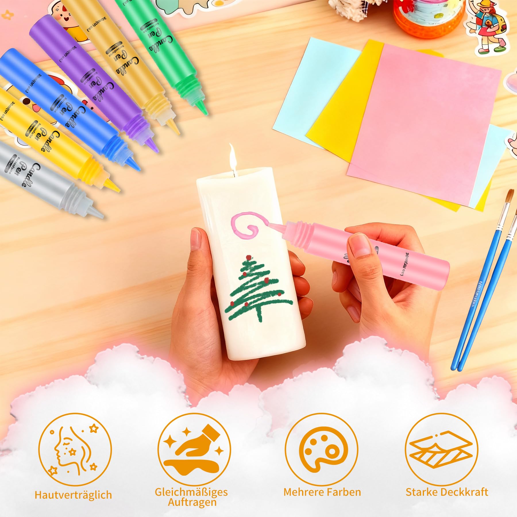 YAOBLUESEA Set di penne candela 12pcs 30ML Set di pittura a candela 3 Pennelli 1 Spugna 2 Adesivi Regalo Candela DIY 4 Effetti di Colore Regalo di Compleanno di Natale Decorazione per la casa