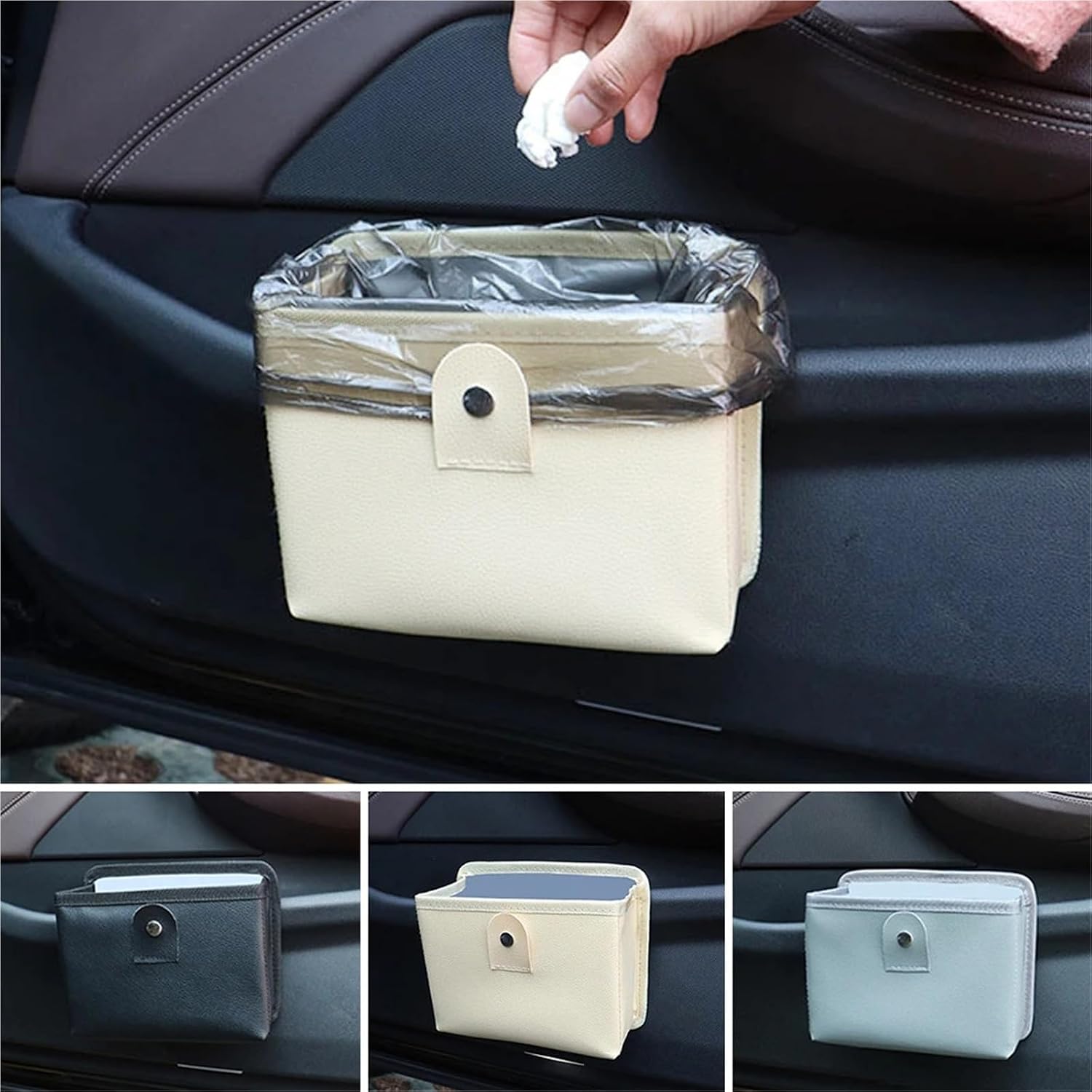Multi-Function Foldable PU Leather Door Hanging Storage Bag Trash Bin Interior Organizer Accessory(Black)