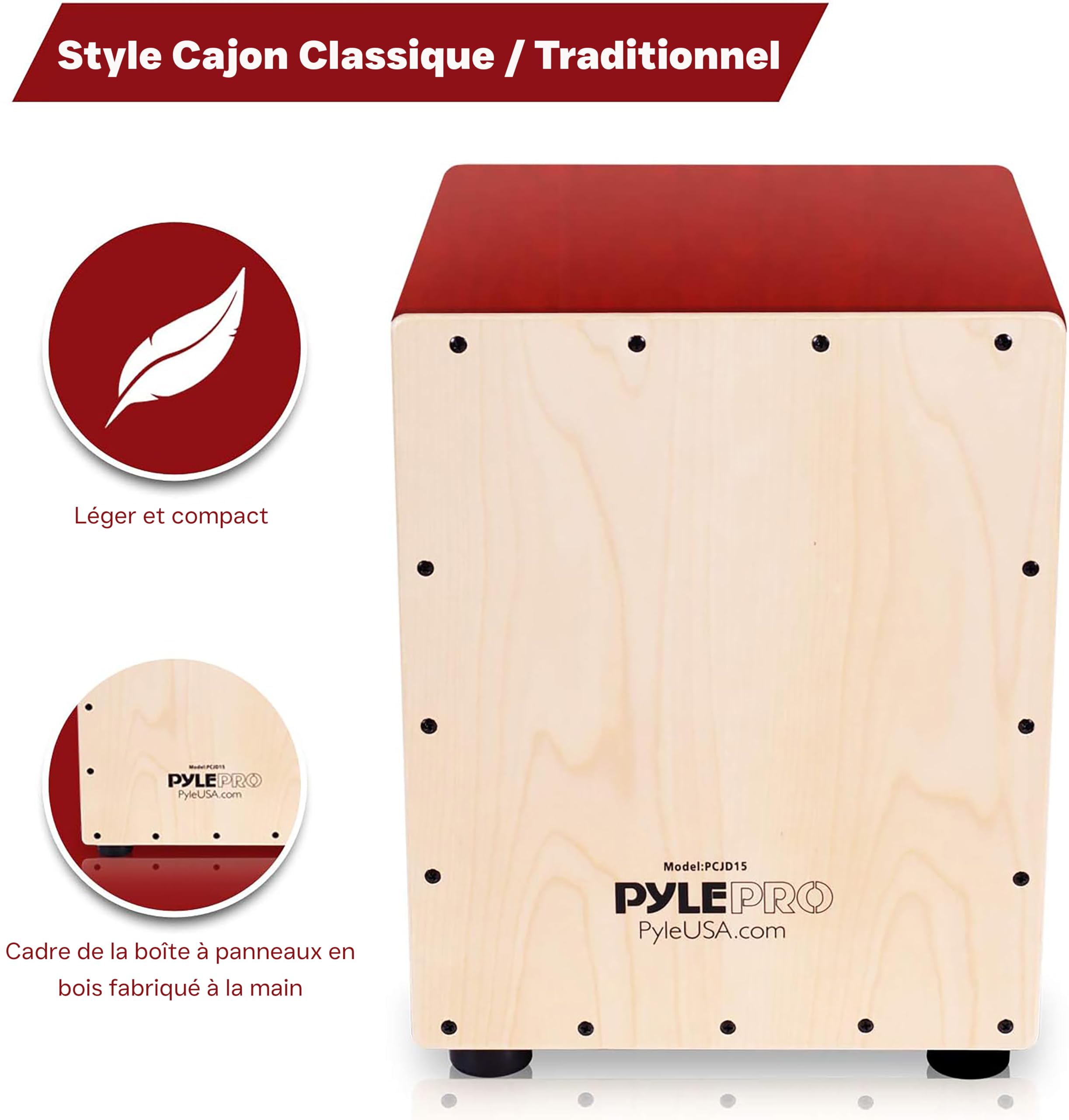 Pyle Cajón Acoustique Compact en Bois de Bouleau Style Snare-Boîte à Rythme Percussion en Bois avec Basse Profonde, Claquement Classique et Son Croustillant pour Enfants, Adolescents et Adultes