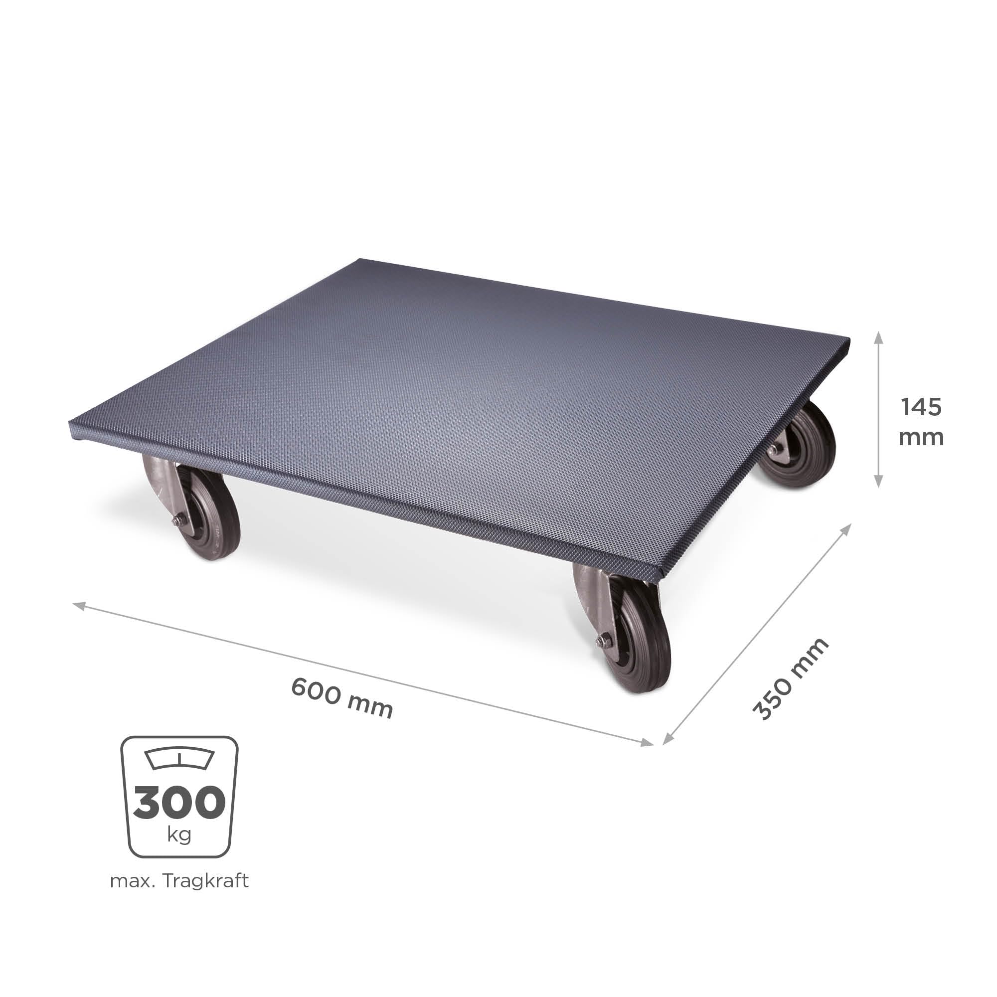 blizz-z Transportroller - Länge: 600 mm x Breite: 350 mm - 300 kg Tragkraft | Lastenroller, Möbelroller, Rollbrett mit Anti-Rutschbelag - massive Trägerplatte - mit Lenkrollen - Made in Germany