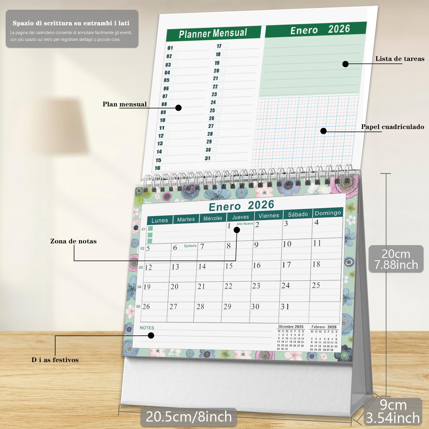 Calendrier De Bureau 2025-2026 – Septembre 2025 à Décembre 2026 – Format 20 X 20,5 Cm – Espagnol – Vue Mensuelle Et Planification Quotidienne