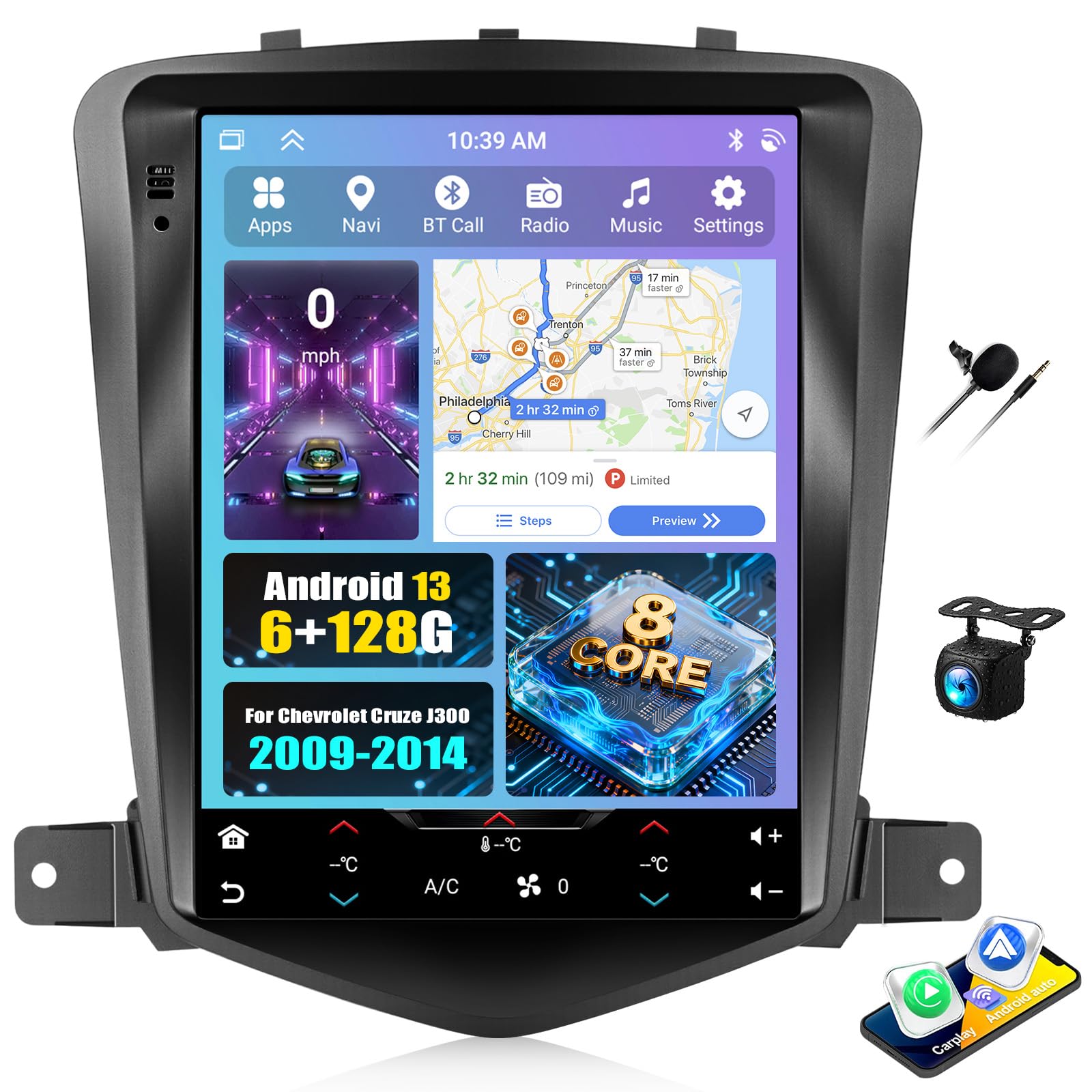 OiLiehu 6+128G/8 Cœurs Android 13 Autoradio pour Chevrolet Cruze J300 2009-2014 avec CarPlay Android Auto sans Fil, 9,7“ IPS Écran Tactile avec GPS WiFi Lien Miroir Bluetooth FM/RDS DSP EQ SWC Caméra