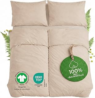 Dreamzie Bettwäsche 135x200 100% Baumwolle 4teilig mit 2 Kissenbezüge 80x80 cm - Bio-Baumwolle Percale 180 TC - Atmungsaktiv & Weich, Oeko-Tex & GOTS Zertifiziert, Beige