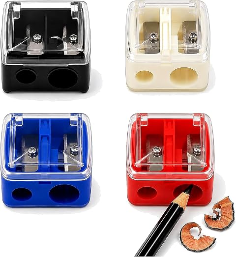 4 Pcs Eyeliner Sharpener Set, 2 Hole Makeup Sharpener for Lip Liner, Eye Pencil and Brow Pencils, Compact Cosmetic Pencil Tool in Black White Red Blue for Beauty Bags and Travel Kits, Easy to Clean