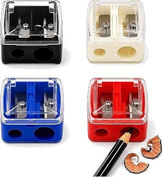 4 Pcs Eyeliner Sharpener Set, 2 Hole Makeup Sharpener for Lip Liner, Eye Pencil and Brow Pencils, Compact Cosmetic Pencil Tool in Black White Red Blue for Beauty Bags and Travel Kits, Easy to Clean