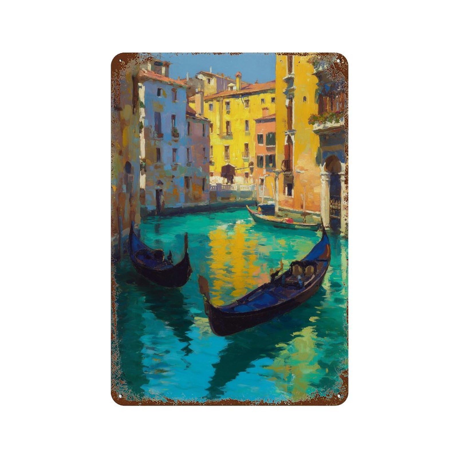 Garage Style Venice Canal Gondolas Painting-1 Distressed Metal Wall Sign 11.8"x7.9", Classic Wall Plaque for Bar And Workshop