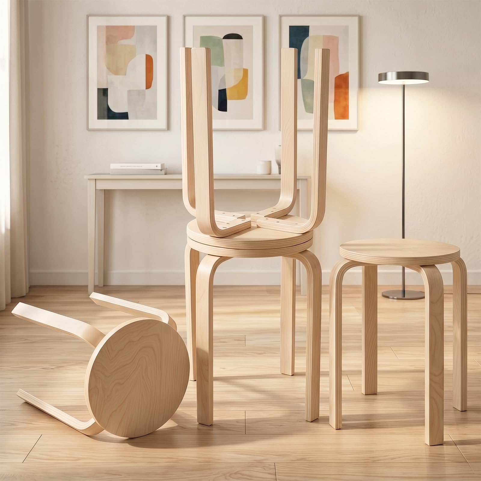 Ensemble de 4 Tabourets Empilables, Chaise de Cuisine et Salle à Manger, Tabourets Ronds sans Dossier pour Chambre à Coucher, Salon, entrée, 35x32x32cm, Naturel
