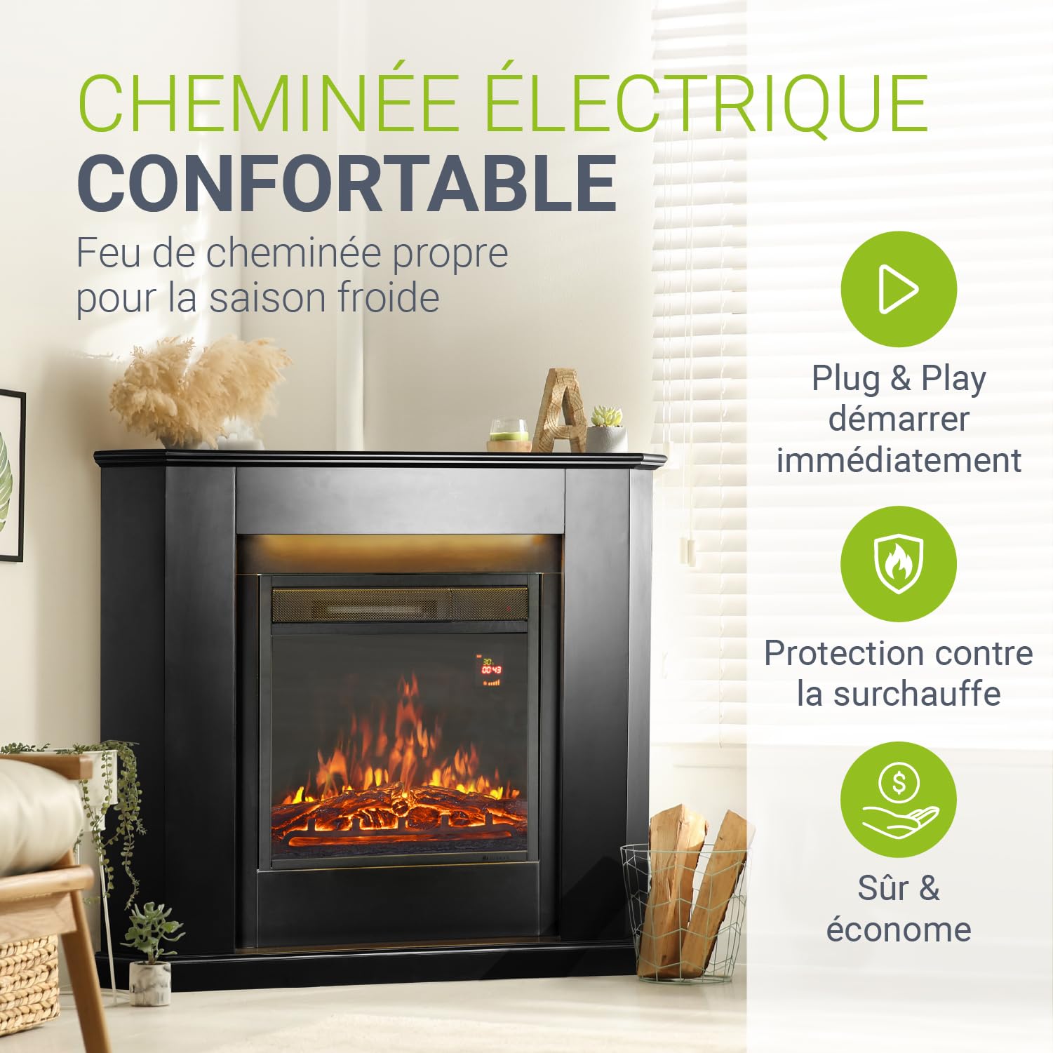 Juskys Cheminée électrique 1000/2000W avec Chauffage, Effet Flamme, télécommande, éclairage LED et minuterie - Cheminée électrique d'angle (Noir)(96x57x94cm)