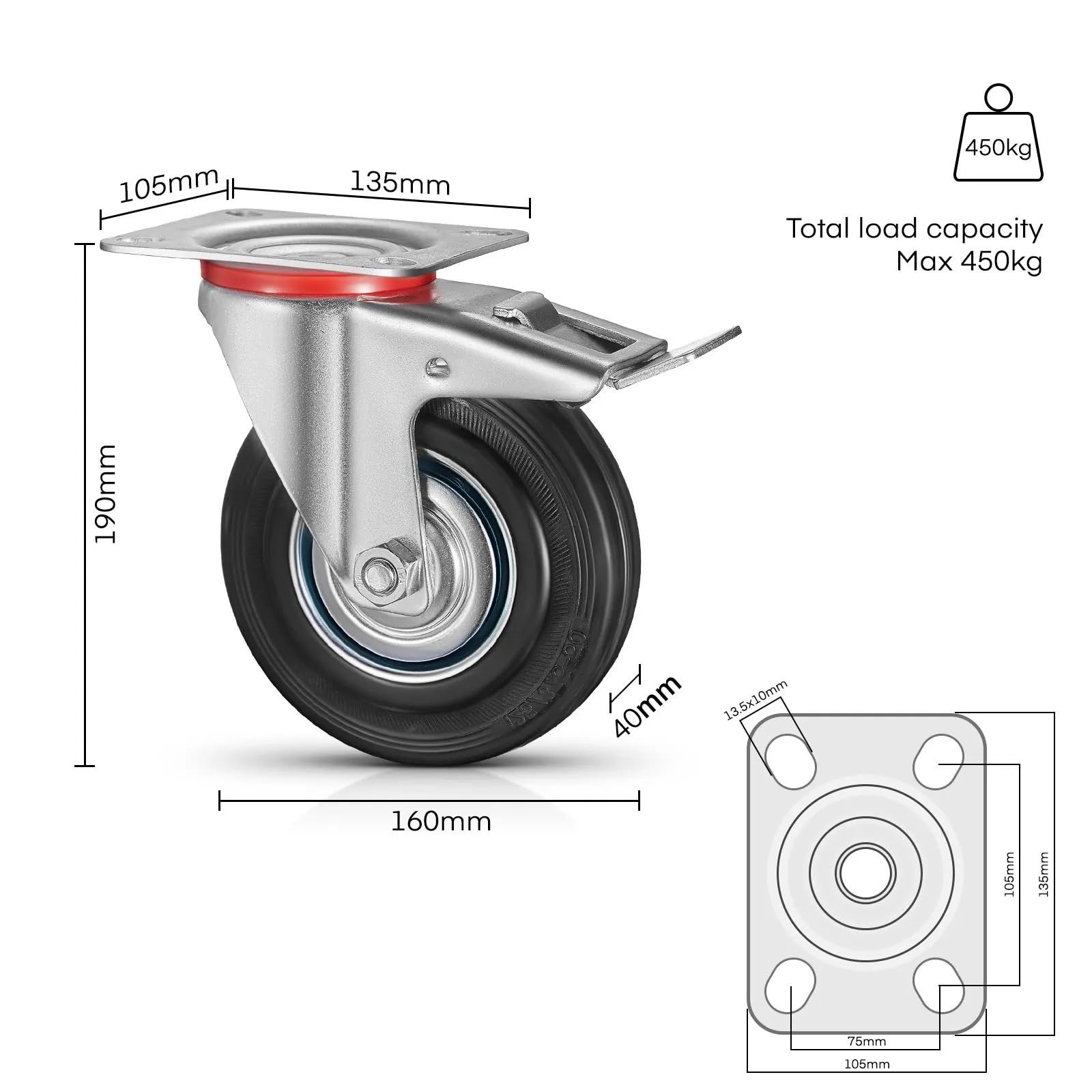 4/8PCS Ruote for il trasporto di i Ruote fisse Ruote for carichi pesanti Kit di attrezzature meccaniche Ruota direzionale con freno, Facile da Installare(4pcs 200mm)