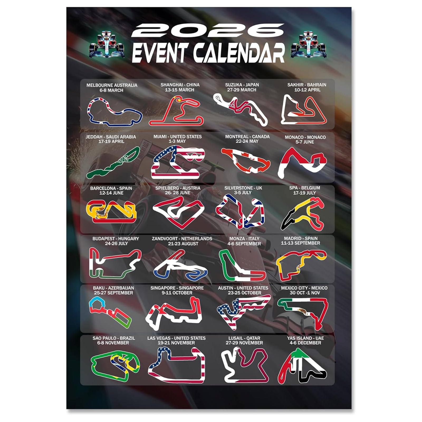 Calendario F1 2026 Poster Formula 1 Regali F1 Merce in Esposizione Layout della Pista e Cronologia Calendario Avvento Formula 1 Decorazione per Camera da Letto, Soggiorno e Ufficio Regali per Tifosi