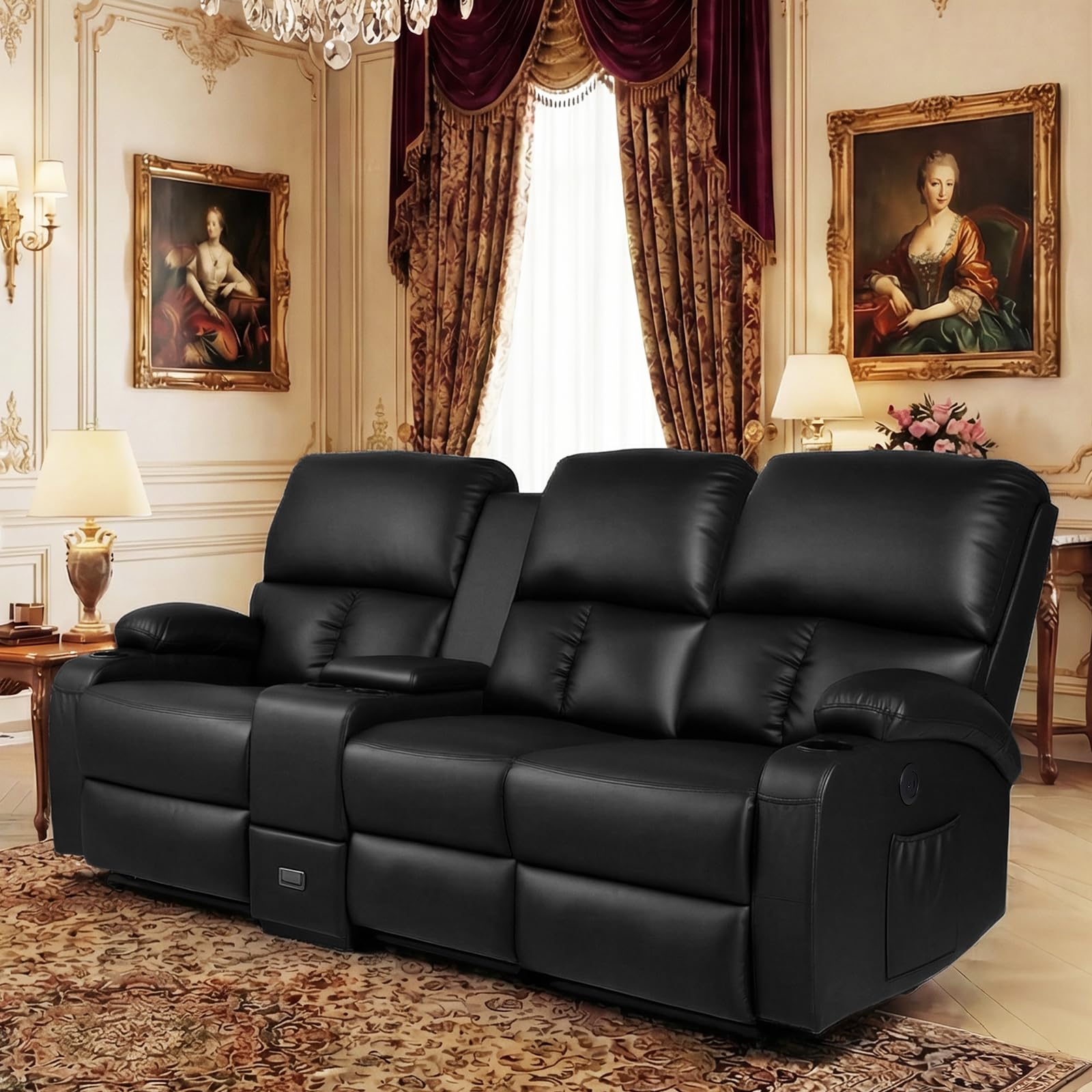 LEVELEVE Home Theater Seating,RV Recliner Sofa with Massage and Heat,Manual RV Recliner Loveseat with USB/Cup Holders and Side Pocket for Living Room,