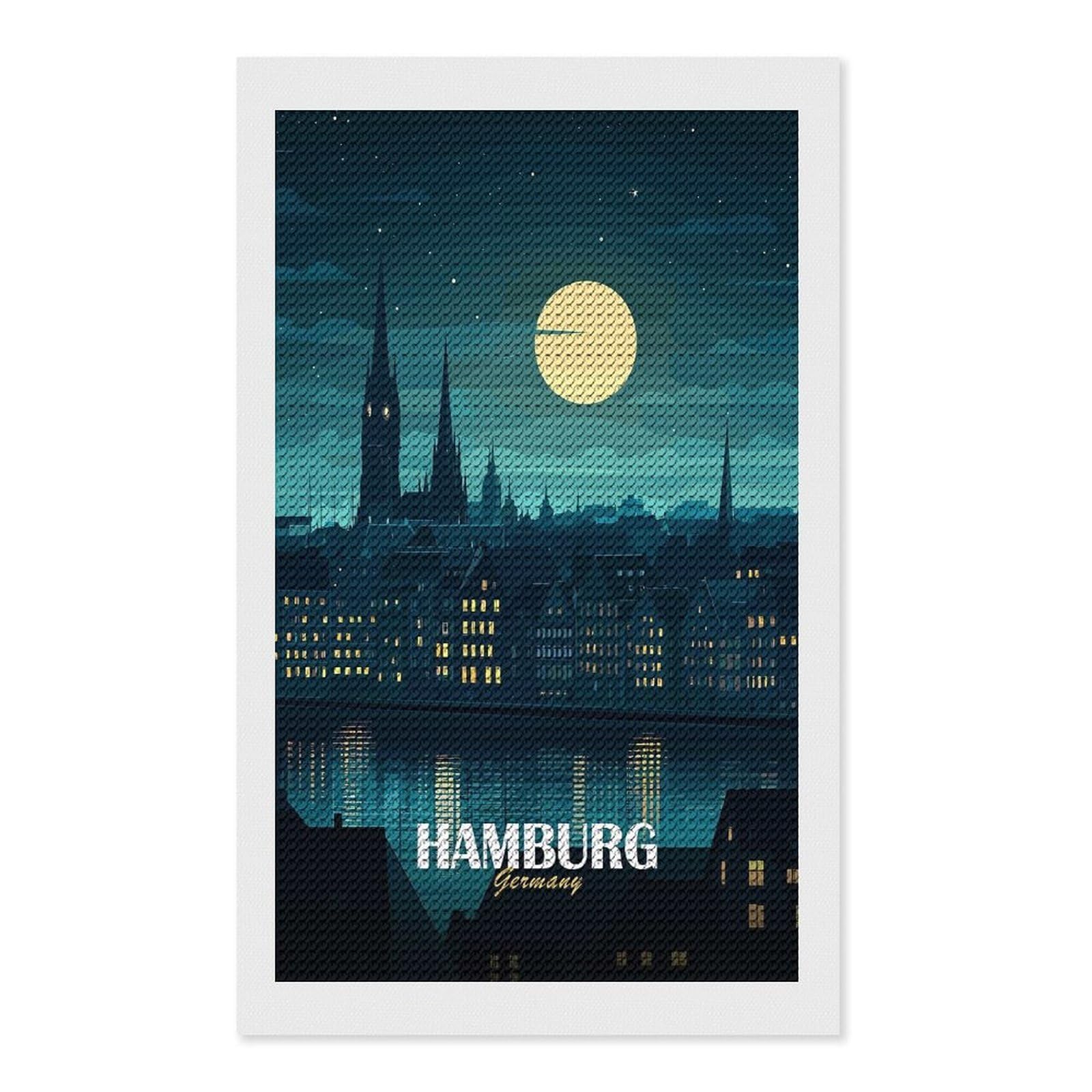 Junmoney Hamburg Germany Night Skyline Illustration Diamond Painting Kit 12"x20", Easy Handmade Project, Easy to Enjoy, Aesthetic Room Decor, Christmas Gift