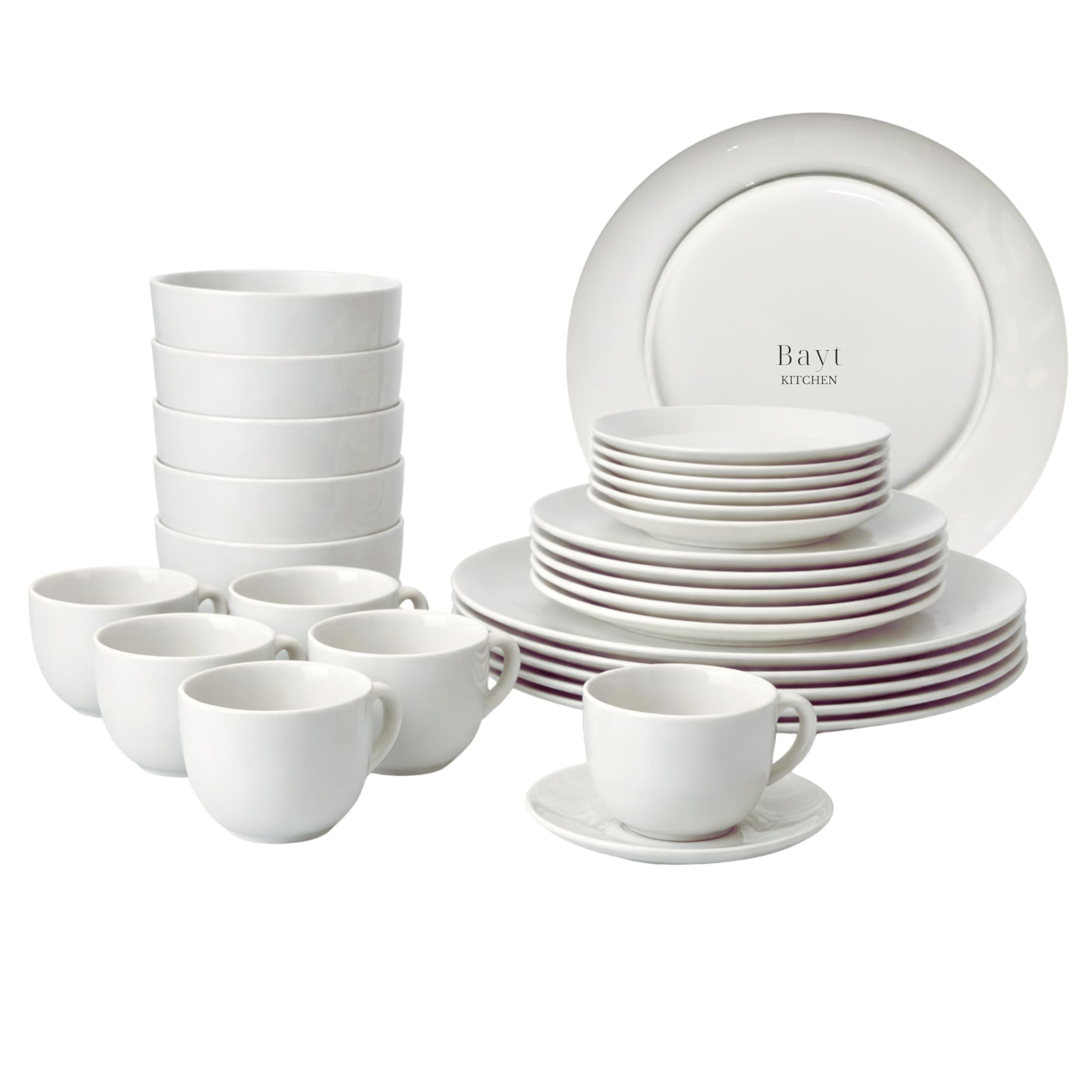 Bayt Service de Table 30 Pièces - Porcelaine Premium - Set pour 6 Personnes - Assiettes Plates, Creuses & à Dessert - Design Blanc Moderne - Résistant au Lave-Vaisselle et Micro-Ondes