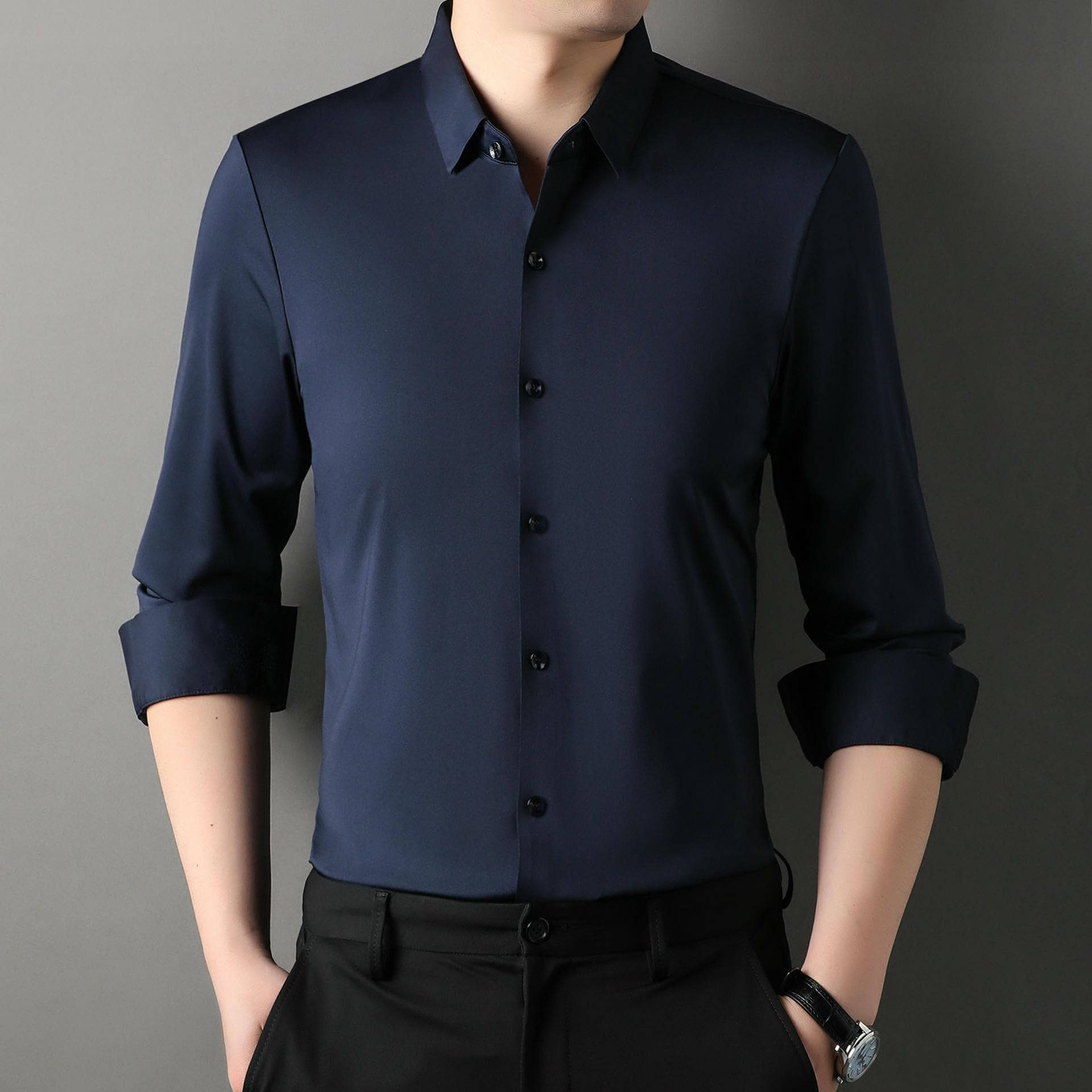 Herren Einfarbiges Langarm Nahtloses Knitterfreies Elastisches Atmungsaktives Business Casual Schmal Geschnittenes Weißes Hemd