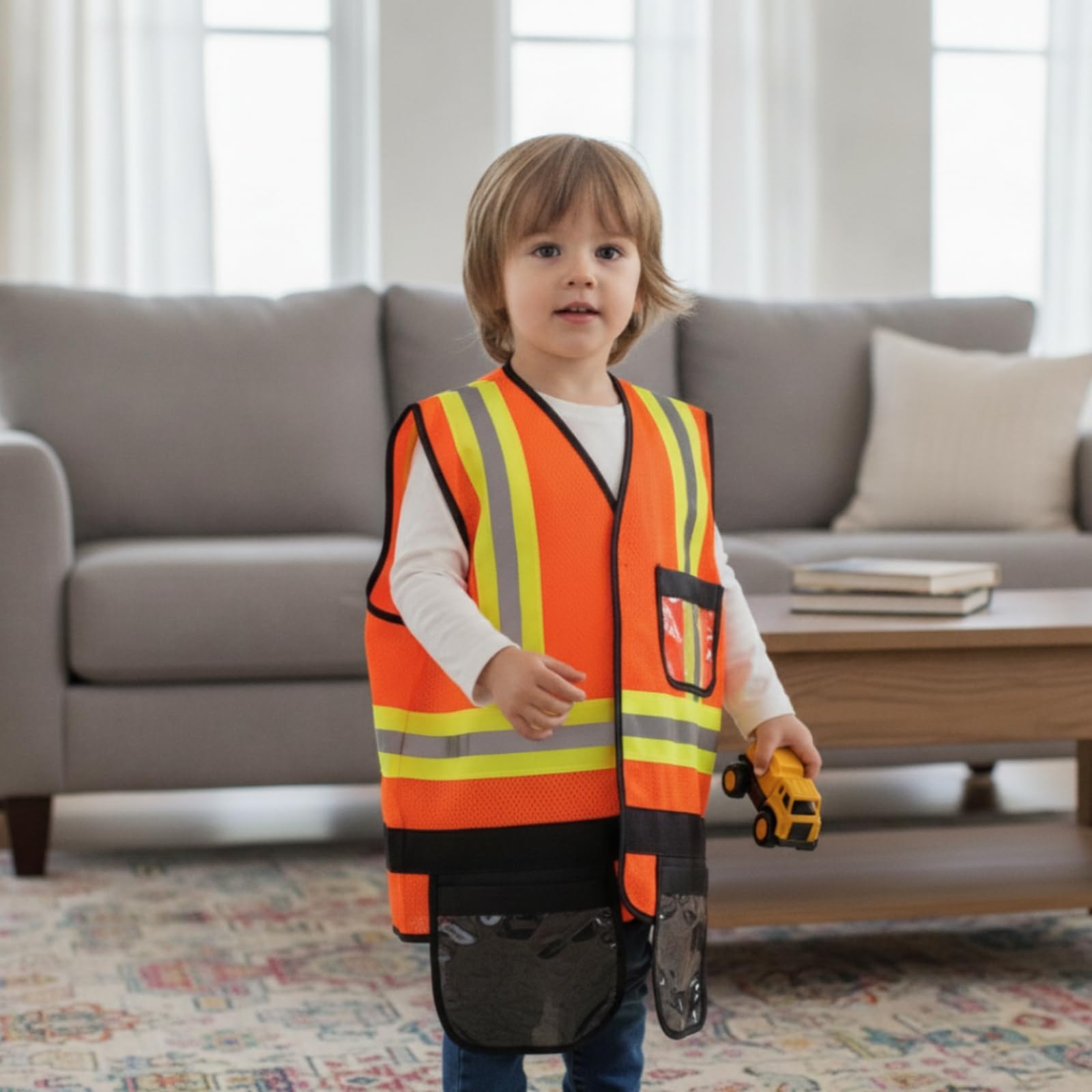 Harilla Disfraz de Constructor para Niños Juego de rol de Construcción Chaleco con Bolsillos Malla Transpirable y Tiras Reflectantes Adecuado para Juegos de