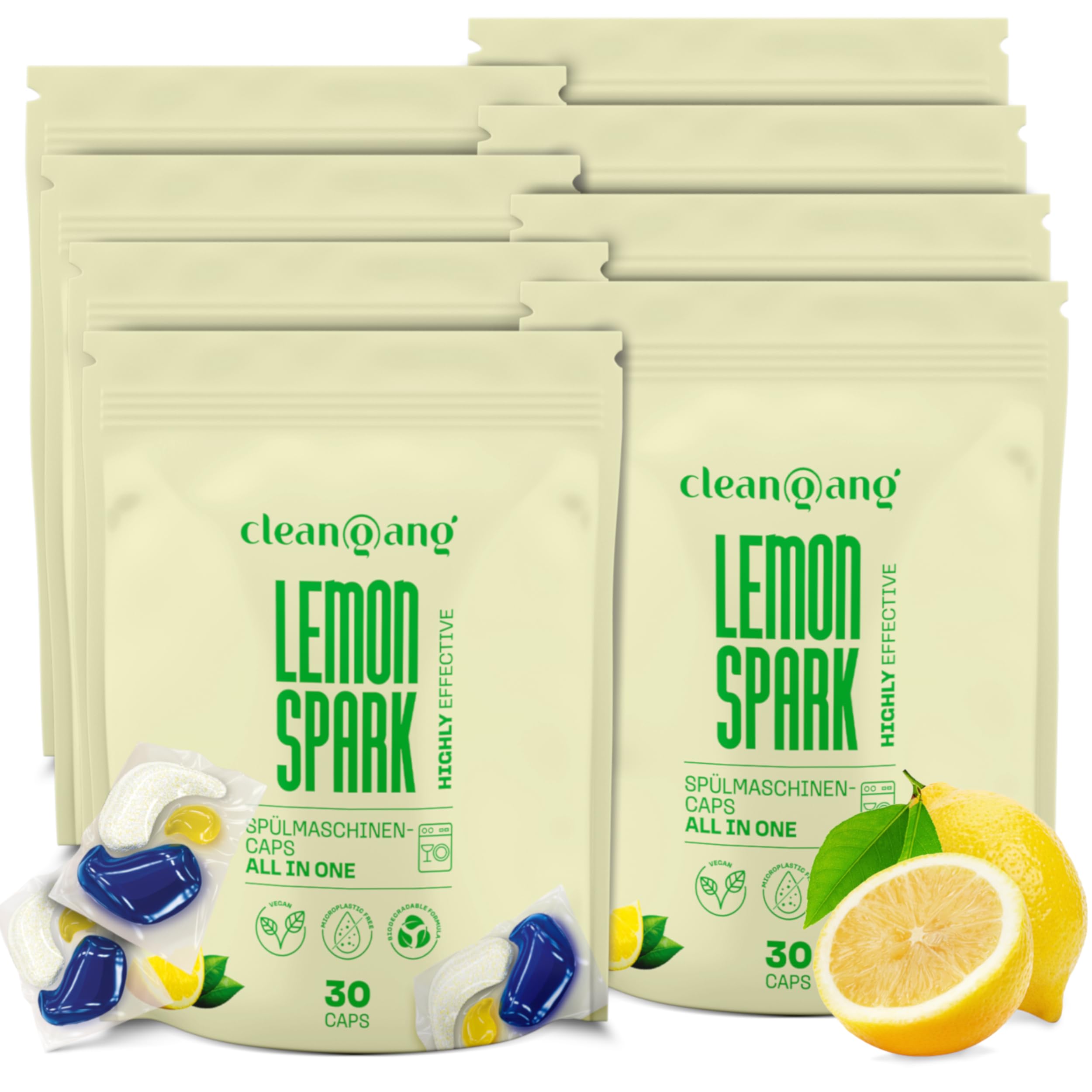 cleangang Spülmaschinentabs All-in-One, 240 Caps, Zitrone, 12 Funktionen | dreifache Reinigungskraft, Fettlösekraft & Glanz, ab 40°C wirksam, plastikfreie Folie, biologisch abbaubar, ohne Vorspülen