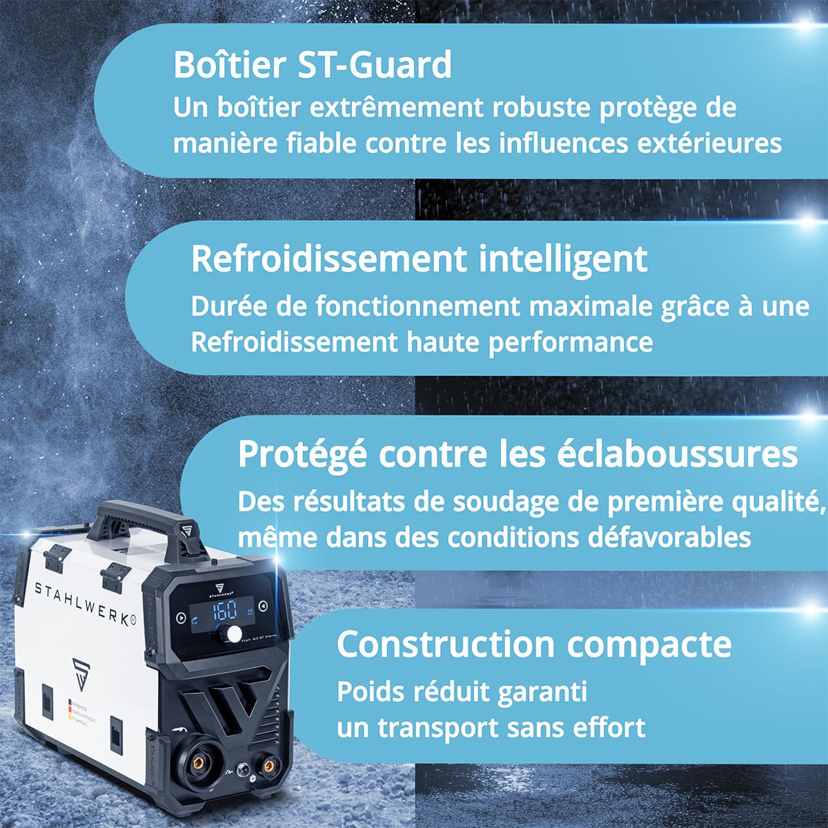 STAHLWERK Poste à souder FLUX 160 ST Digital – Combiné 3-en-1 160 A, soudage au fil fourré sans gaz, MMA (ARC), Lift-TIG (DC), dévidage synergique, éclairage LED, technologie IGBT