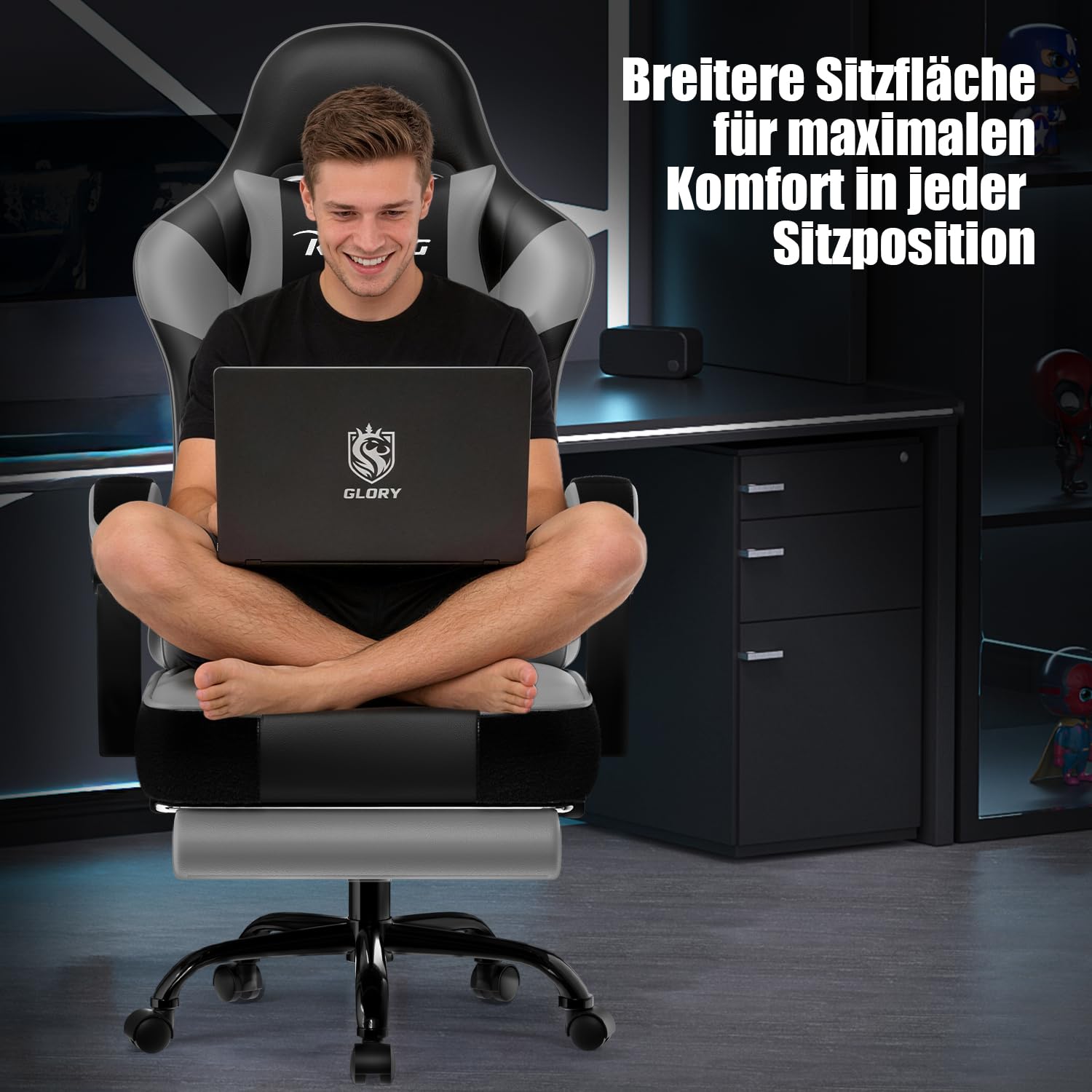 Gaming Stuhl Ergonomischer mit Fußstütze, Gaming Chair 150 kg Belastbarkeit, Gamer Stuhl aus Kunstleder, Höhenverstellbarer PC Zockerstuhl Bürostuhl für Jugendliche Erwachsene, Grau