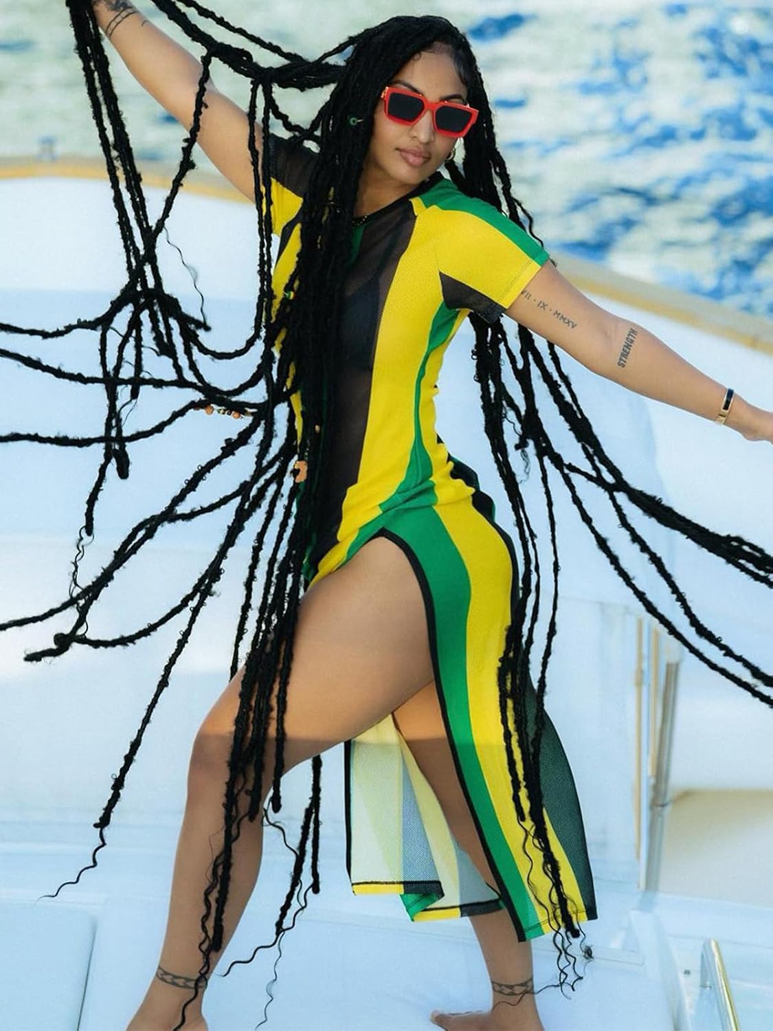 XZLUFNY Womens Colorful Stripe Fishnet Beach Dress Bikinis Swimwear Cover Ups - Image 2