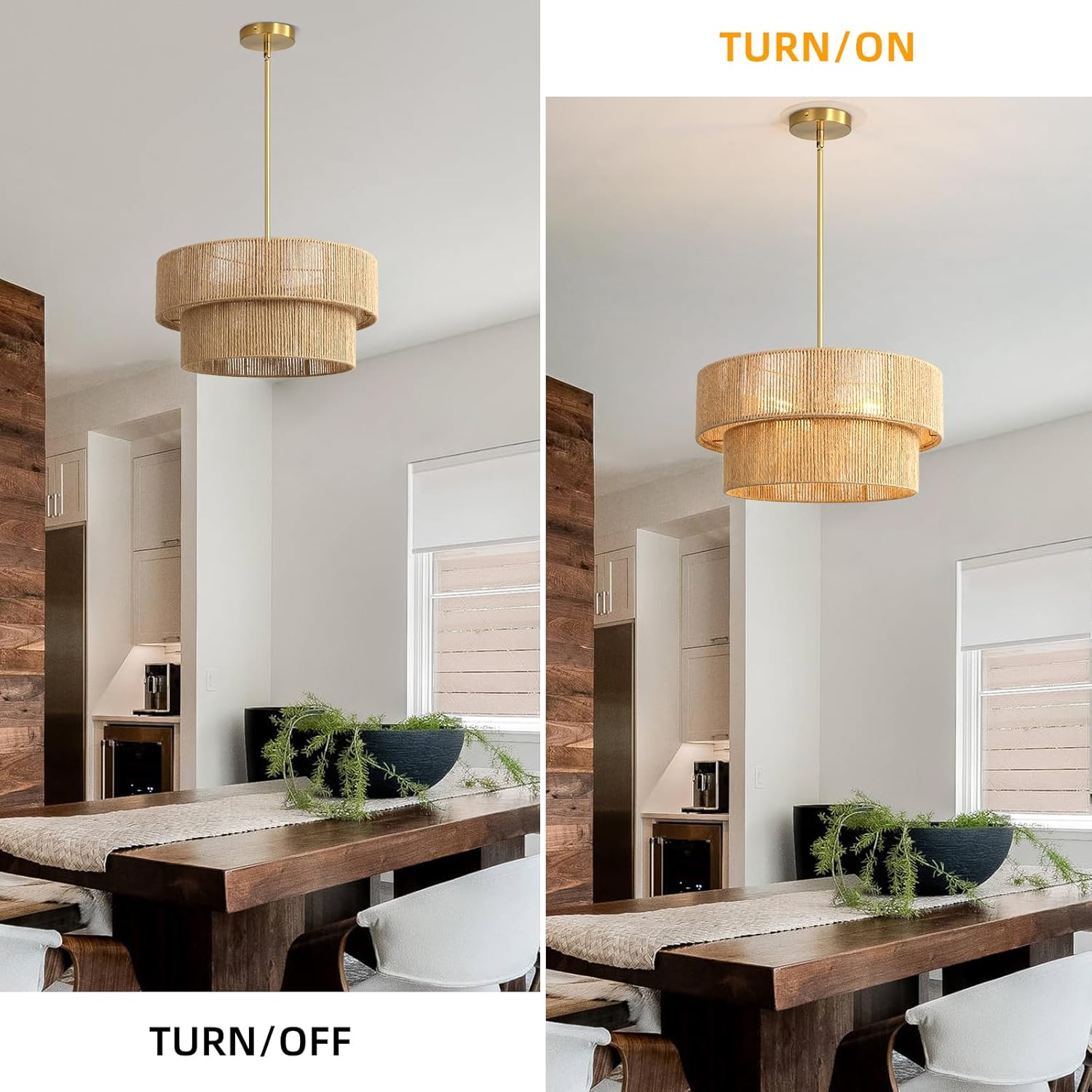 18'' Boho Rattan Chandelier Hand Woven Chandelier Light Fixture 3-Light Farmhouse Drum Pendant Light for Dining Room Bedroom Kitchen Hallway Foyer