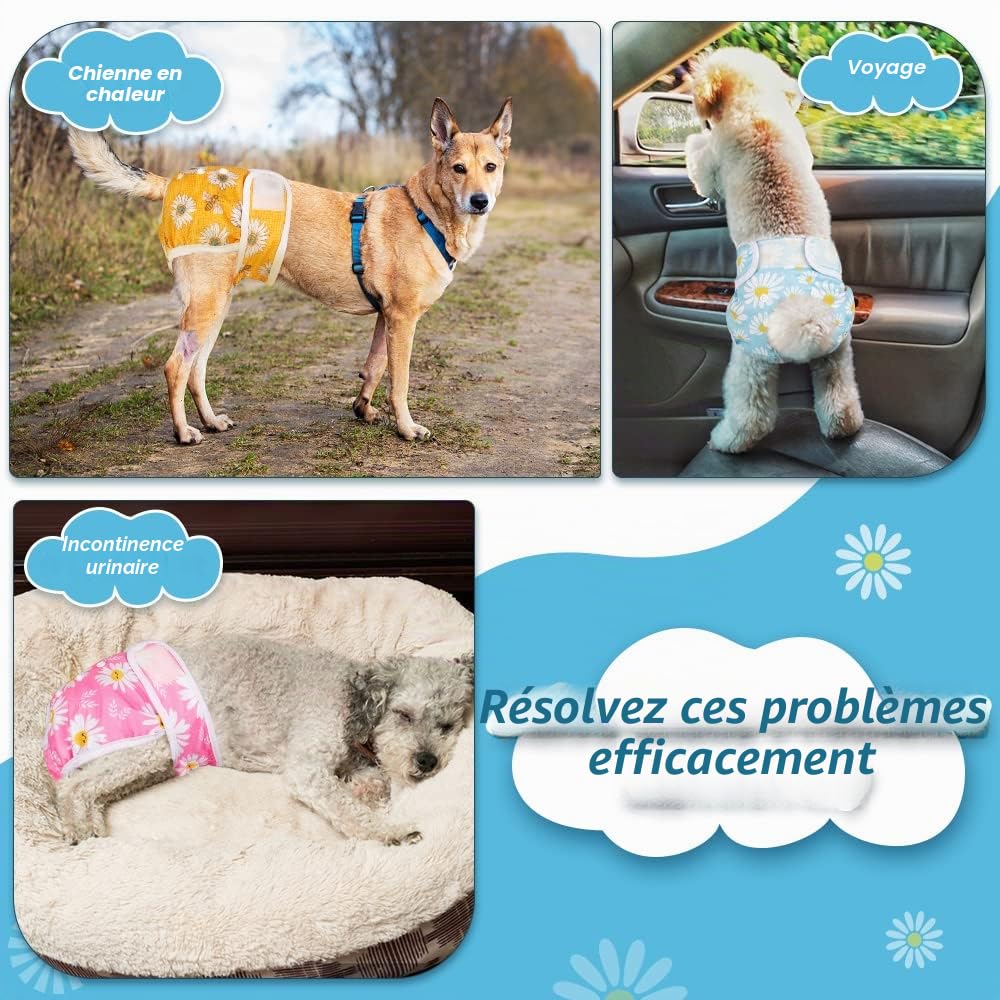 SlowTon Couche de Chien Lavable, 3 Pièces Sans Fuite, Confortable et Réutilisable, Avec Boucle Réglable, Pour Femelle, Miction Irritante à Haute Température