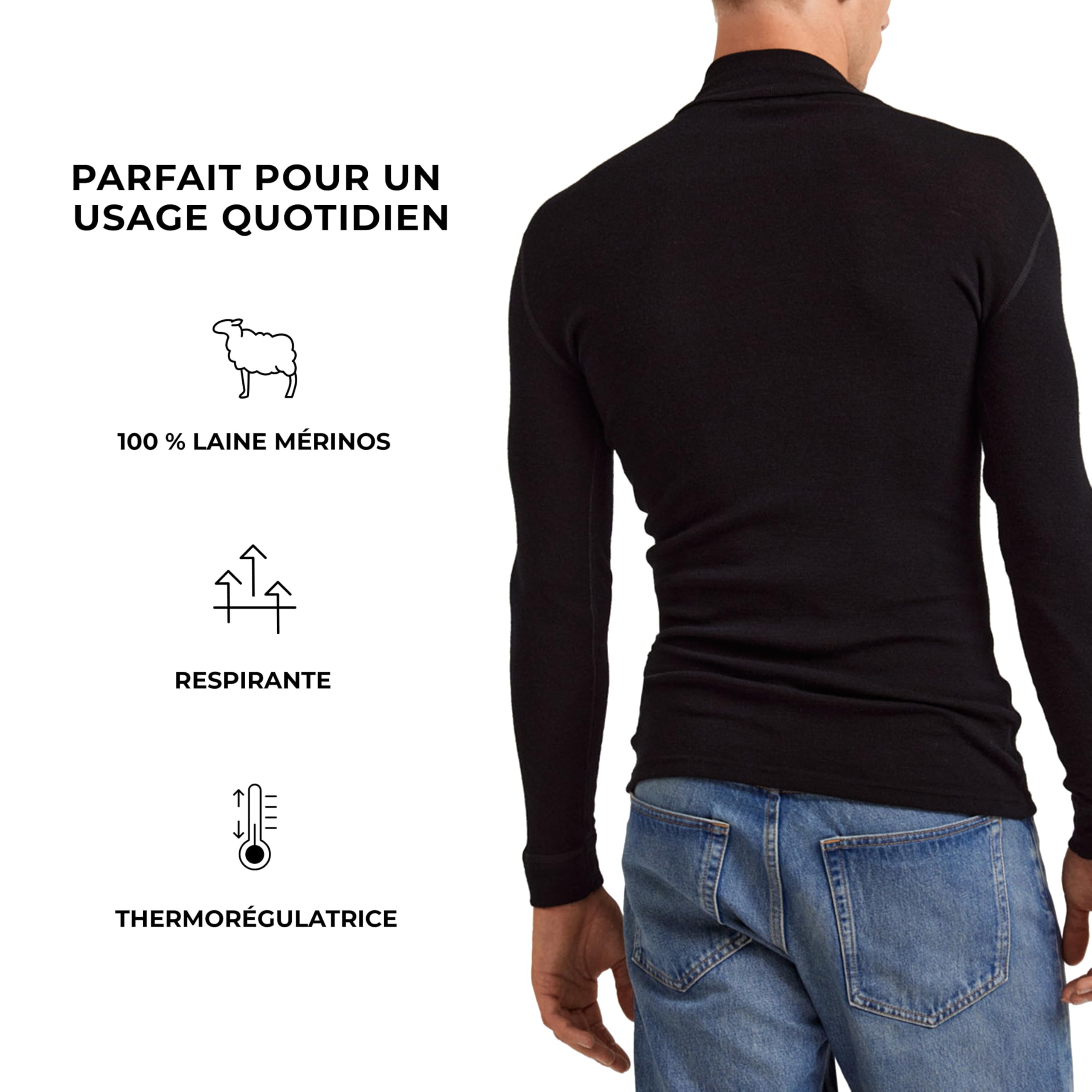 DILLING T-Shirt à Manches Longues et Demi-Zip pour Homme, en Laine mérinos