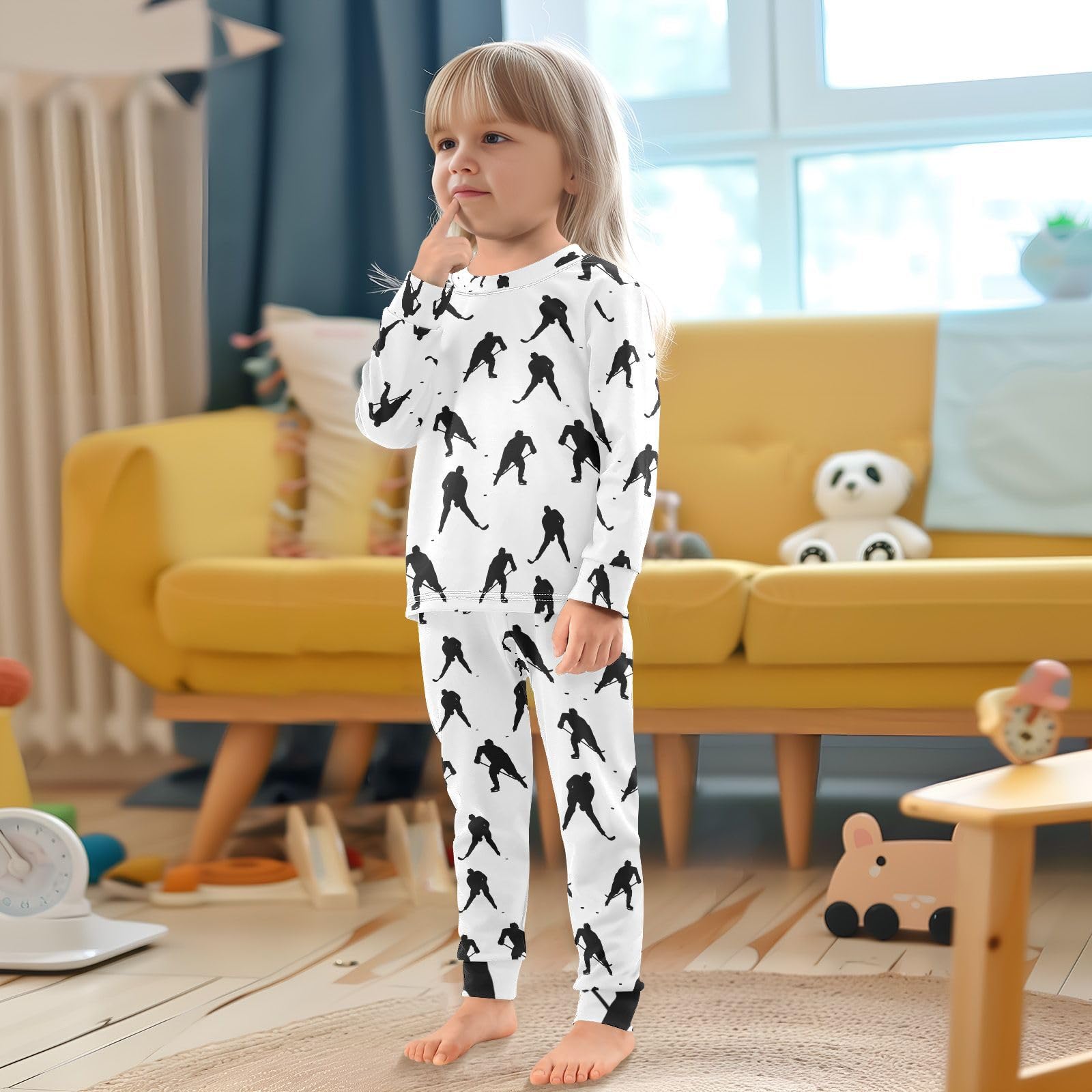 Mnsruu Kinder-Nachtwäsche mit Eishockey-Spielern, langärmeliges Oberteil und Hose, bequeme Baumwolle, Pyjama für Jungen und Mädchen, Unisex, Loungewear, 18 m