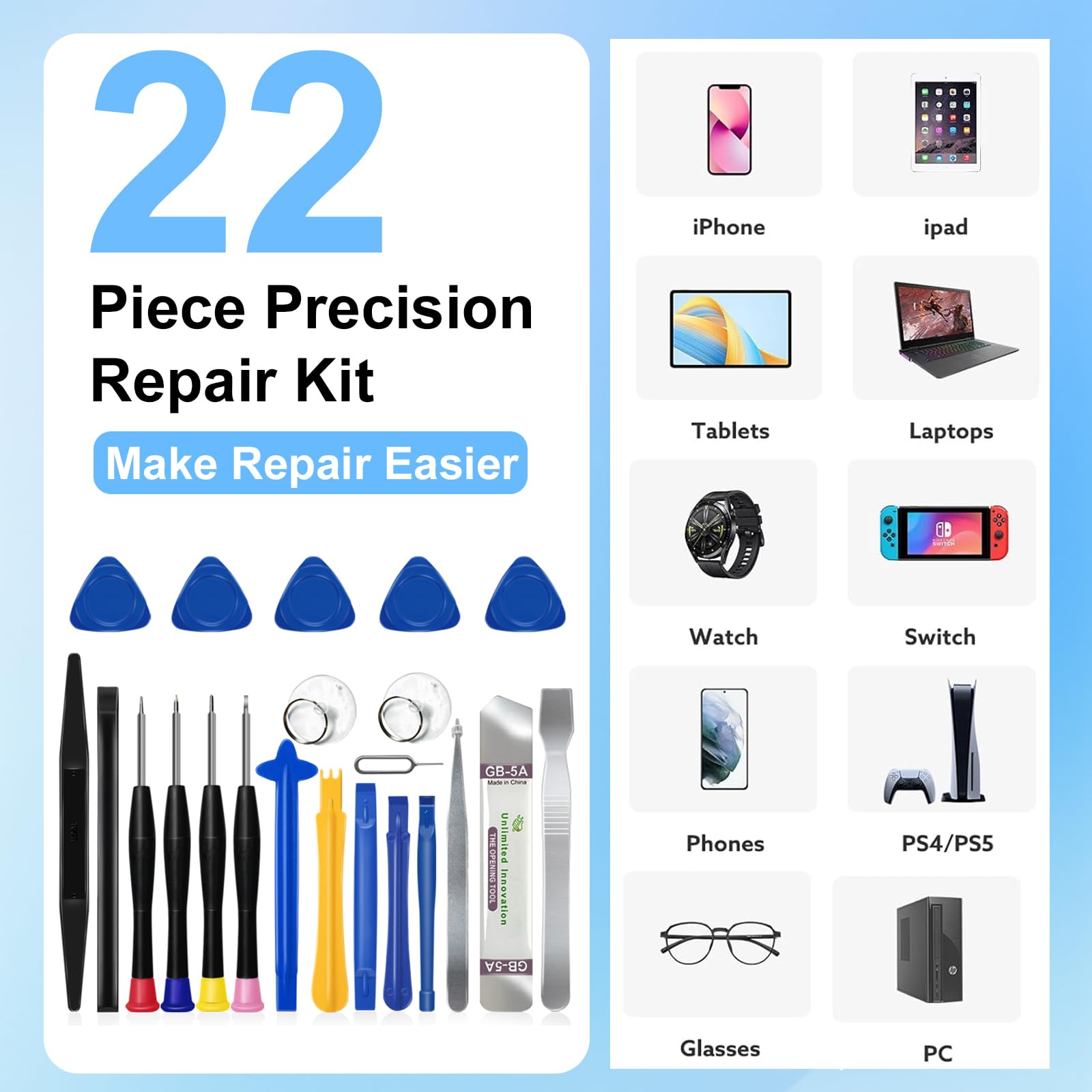 DTD 22 in 1 Kit di Strumenti di Riparazione del Telefono, Strumenti di Riparazione，Adatto per Phone, Tablet