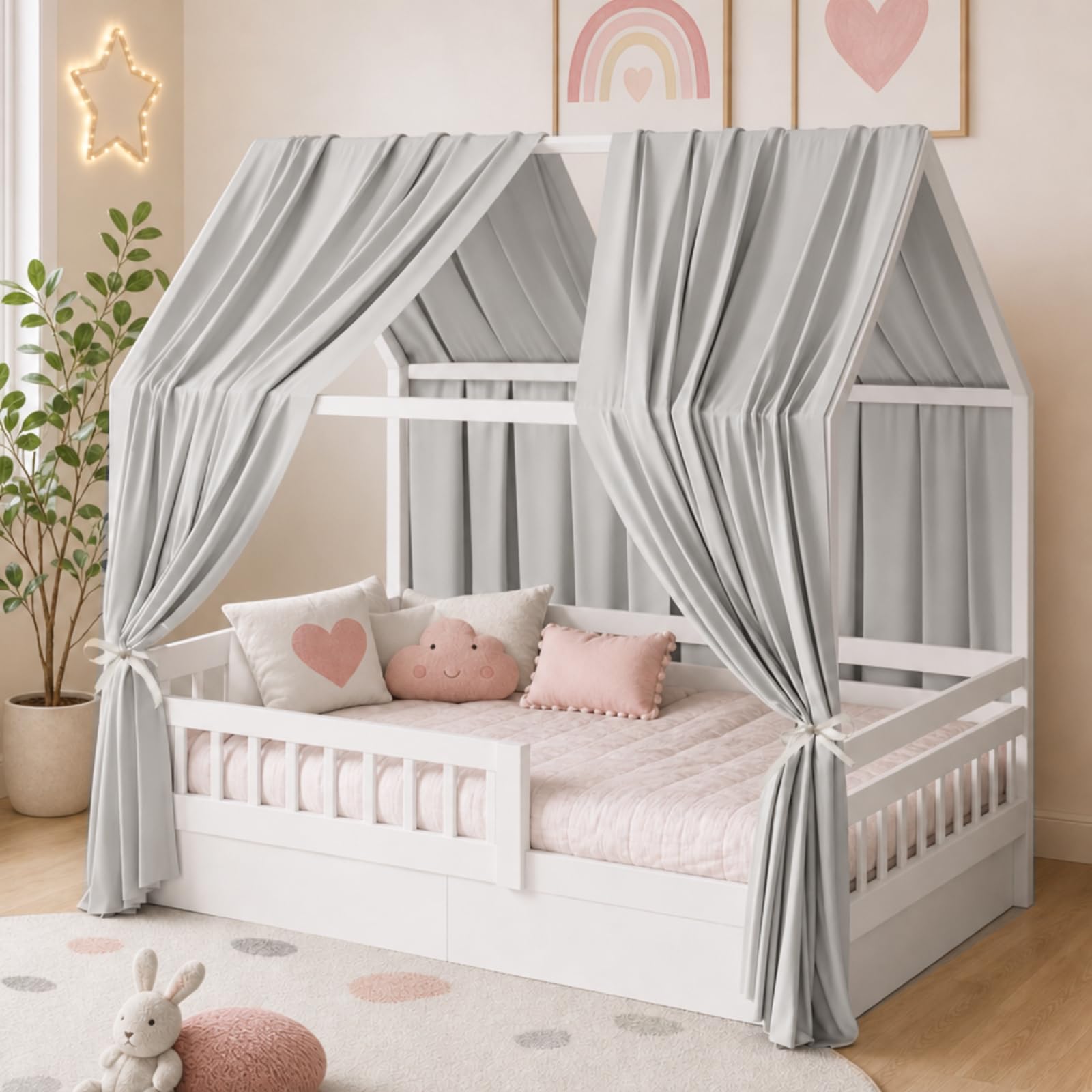 Set di 2 Tenda Letto Bambini, Tenda Letto Montessori Bambini, Baldacchino per Bambine e Ragazzi, Baldacchini in Tessuto, 67 x 270 cm, Grigio Chiaro